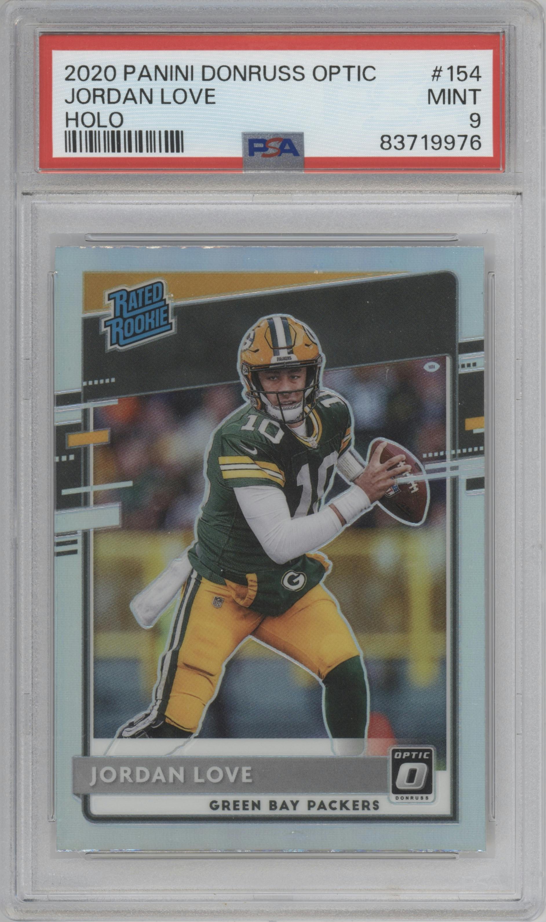 Jordan Love from the 2020 Panini Donruss Optic set featuring a Holo parallel graded by PSA and given an overall grade of 9.