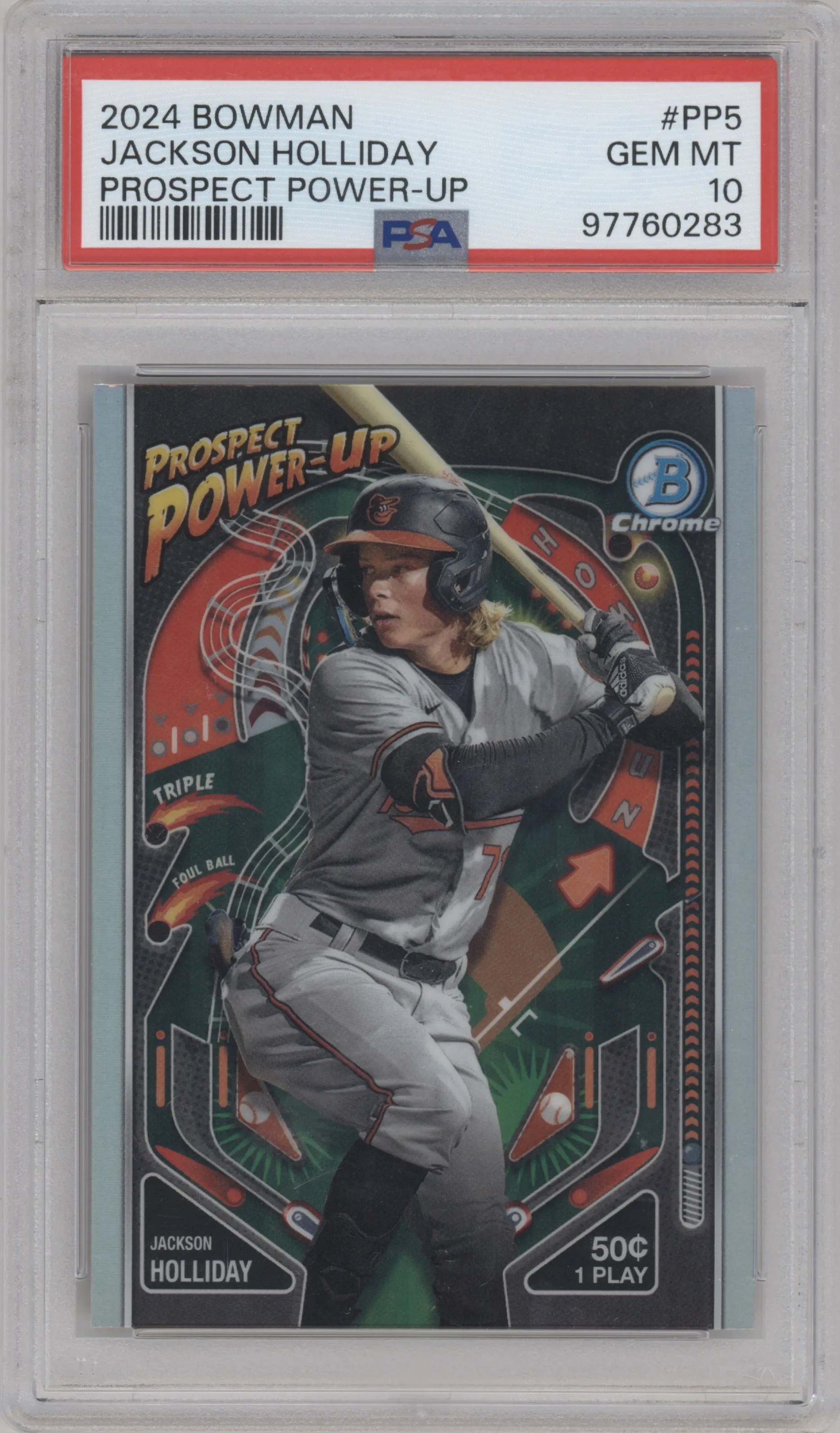 Jackson Holliday from the 2024 Bowman set graded by PSA and given an overall grade of 10.
