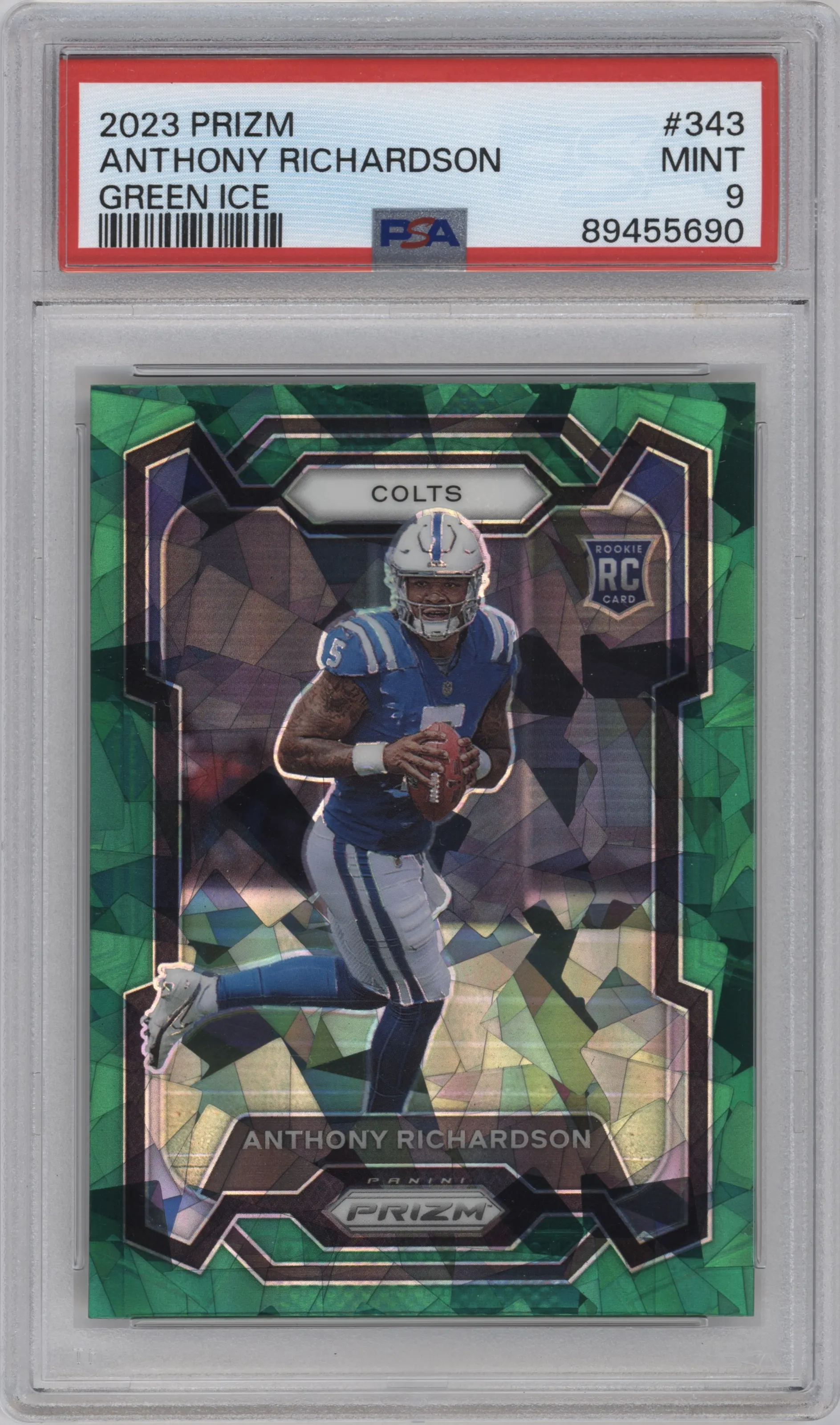 Anthony Richardson from the 2023 Panini Prizm set featuring a Green Ice parallel graded by PSA and given an overall grade of 9.