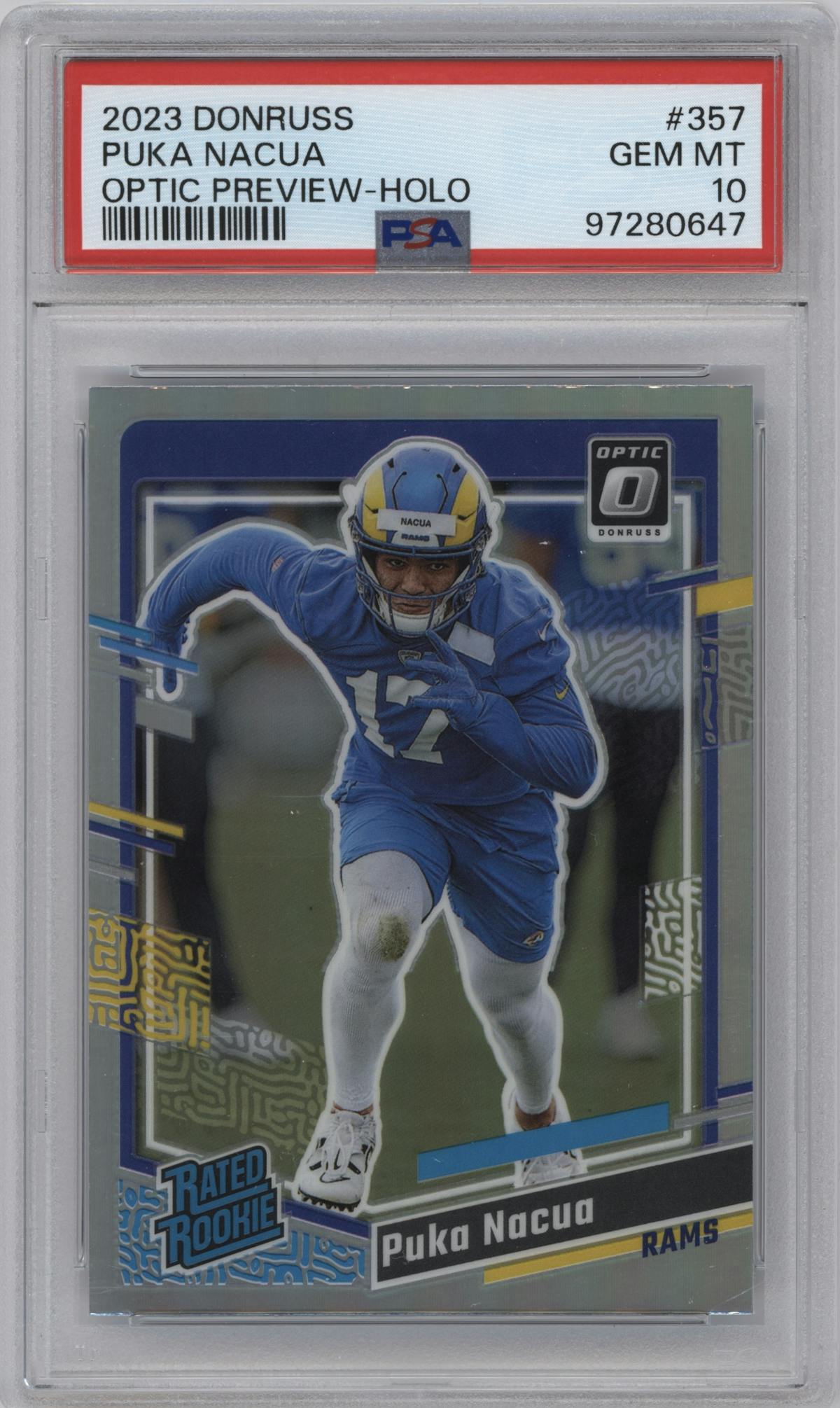 Puka Nacua from the 2023 Panini Donruss set featuring a Holo parallel graded by PSA and given an overall grade of 10.