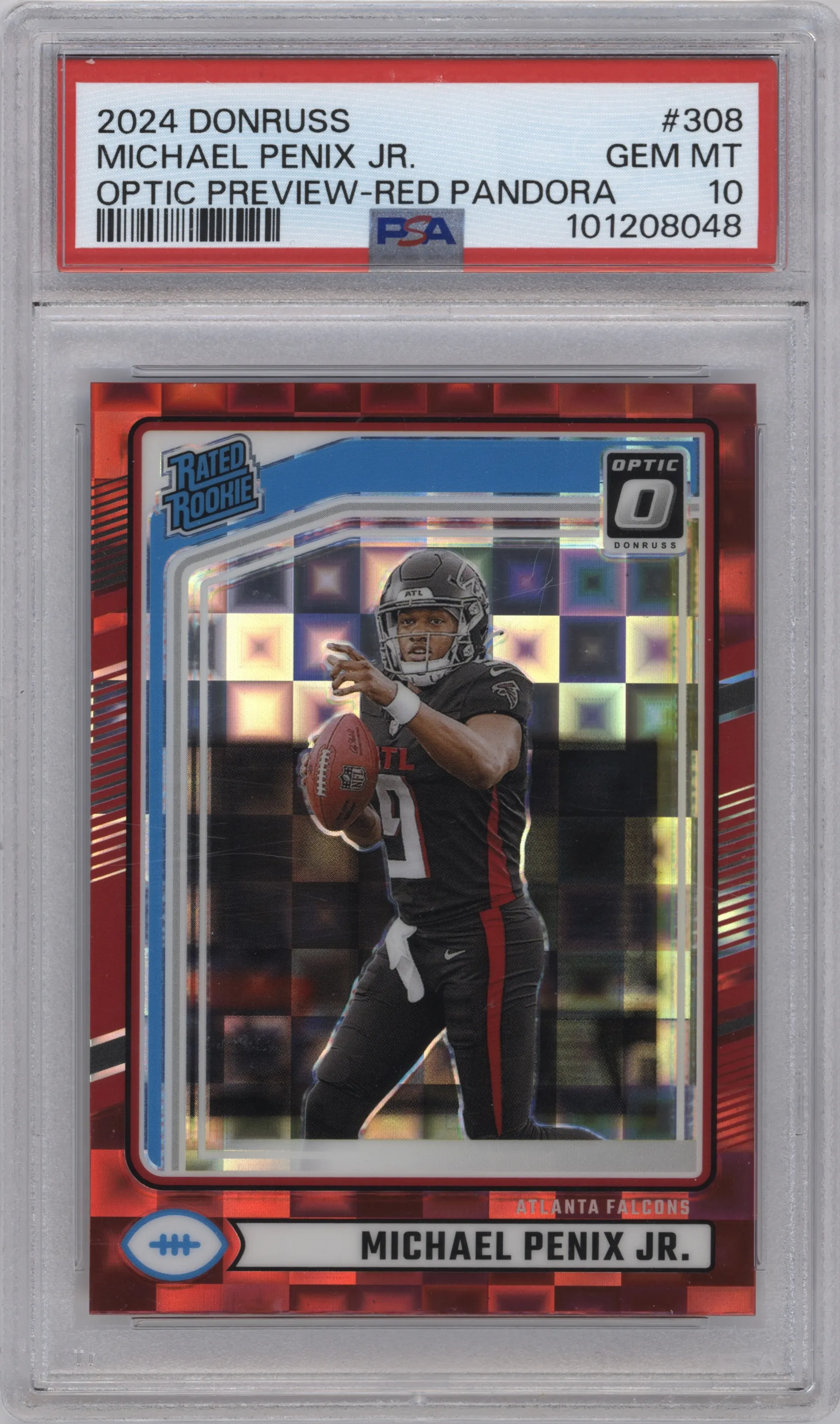 Michael Penix Jr.  from the 2024 Donruss set featuring a Red Pandora parallel graded by PSA and given an overall grade of 10.