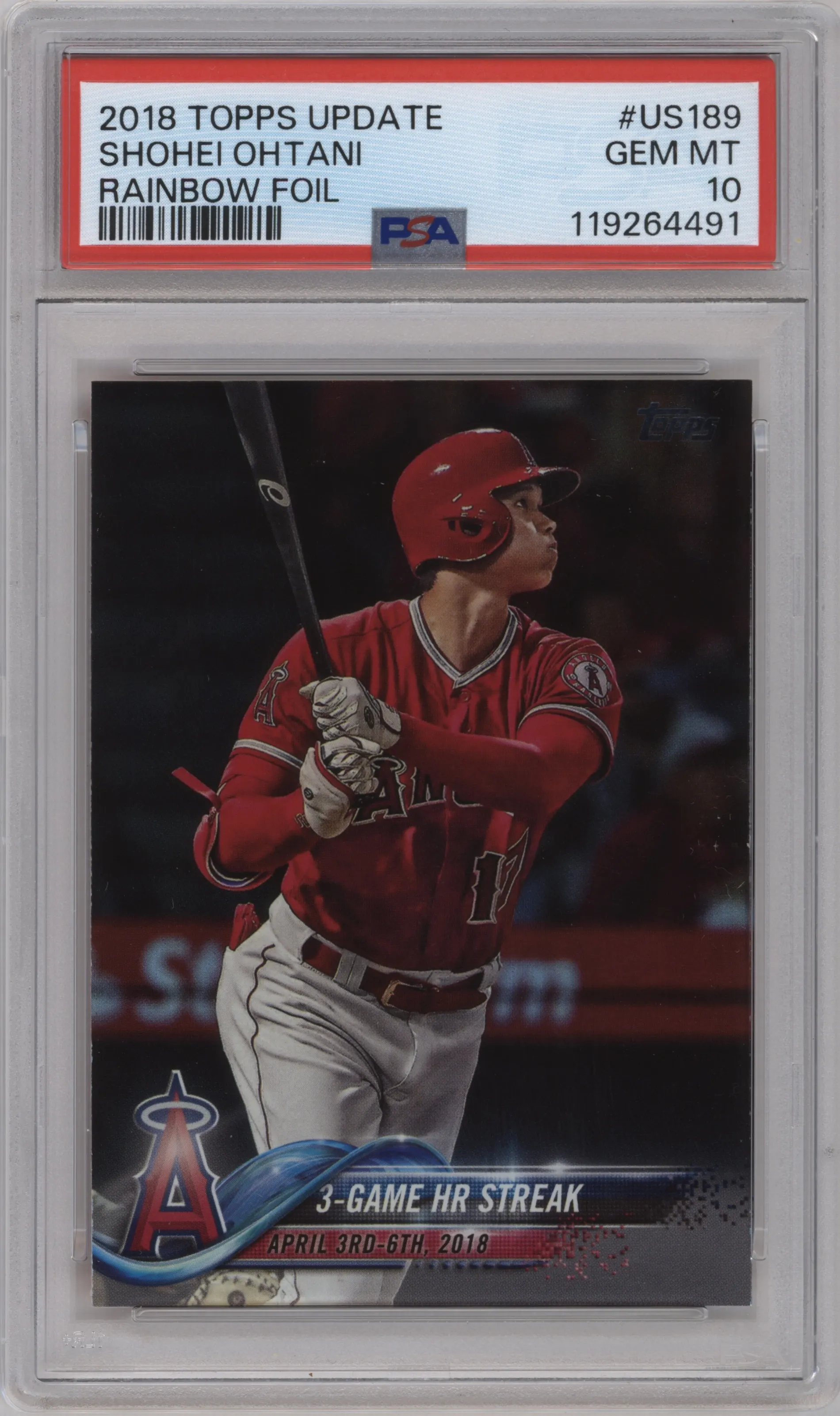 Shohei Ohtani from the 2018 Topps Update set featuring a Rainbow Foil parallel graded by PSA and given an overall grade of 10.