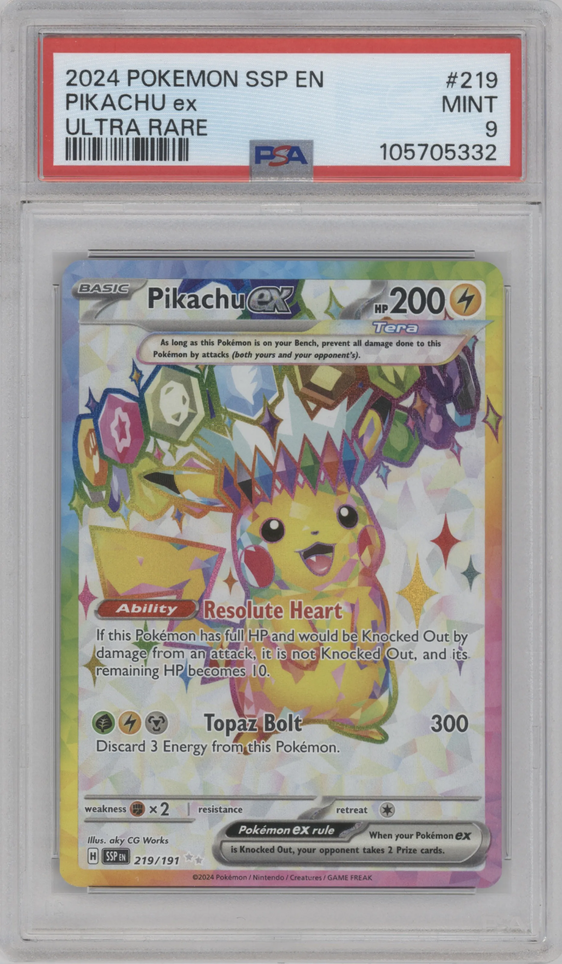 Pikachu ex from the 2024 Pokemon SV set graded by PSA and given an overall grade of 9.
