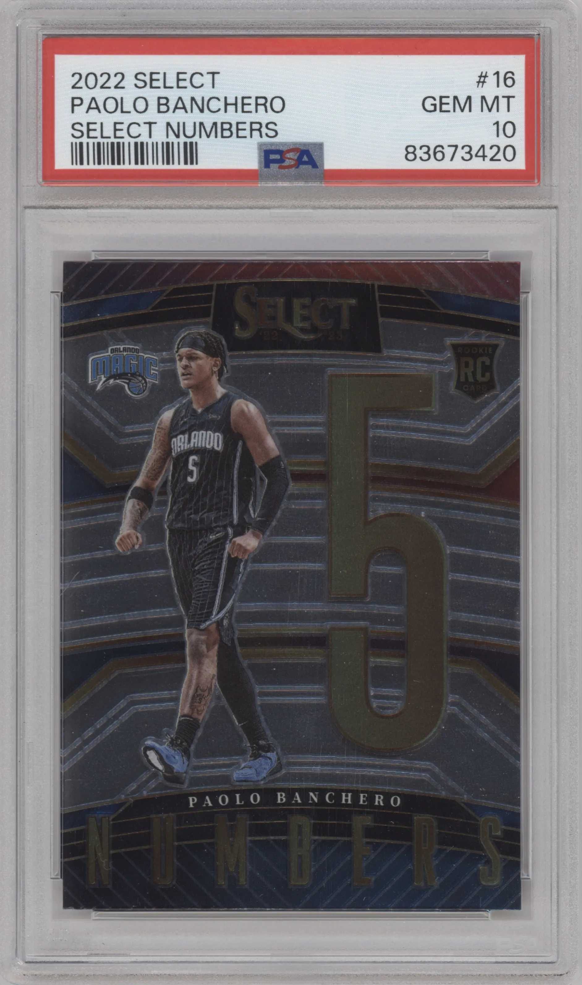 Paolo Banchero from the 2022-23 Panini Select set graded by PSA and given an overall grade of 10.