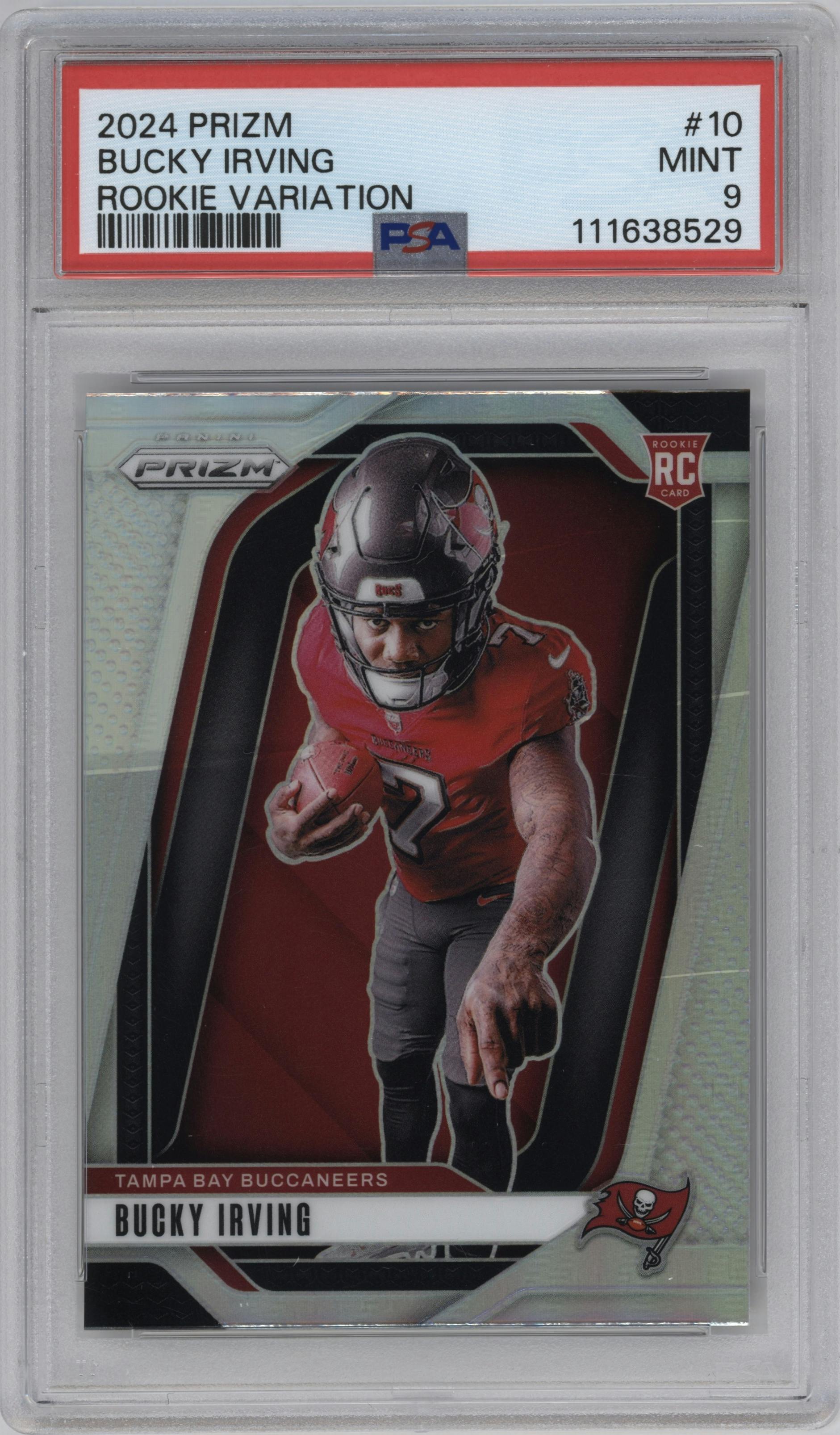 Bucky Irving from the 2024 Panini Prizm set graded by PSA and given an overall grade of 9.