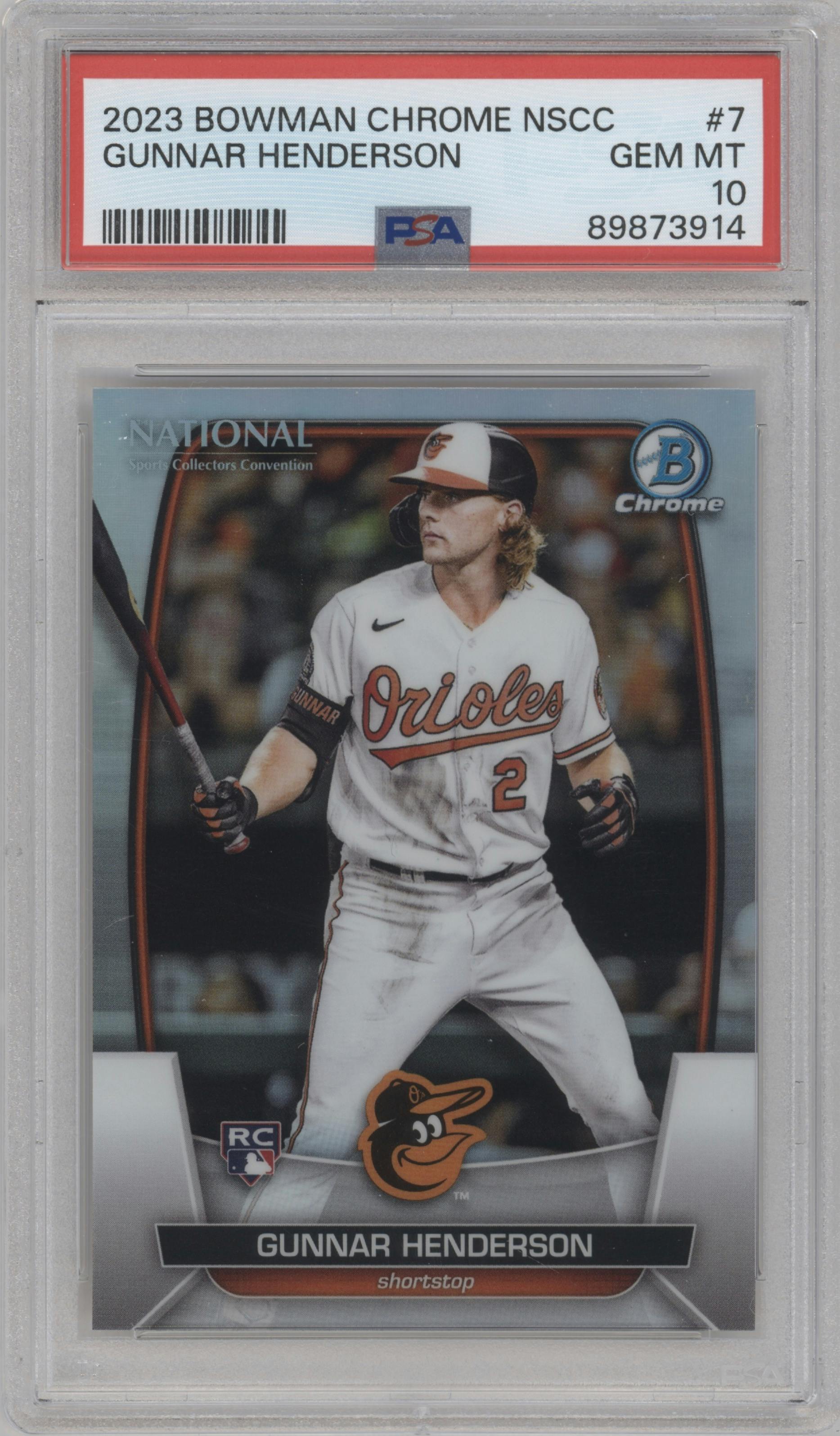 Gunnar Henderson from the 2023 Topps The National VIP set graded by PSA and given an overall grade of 10.