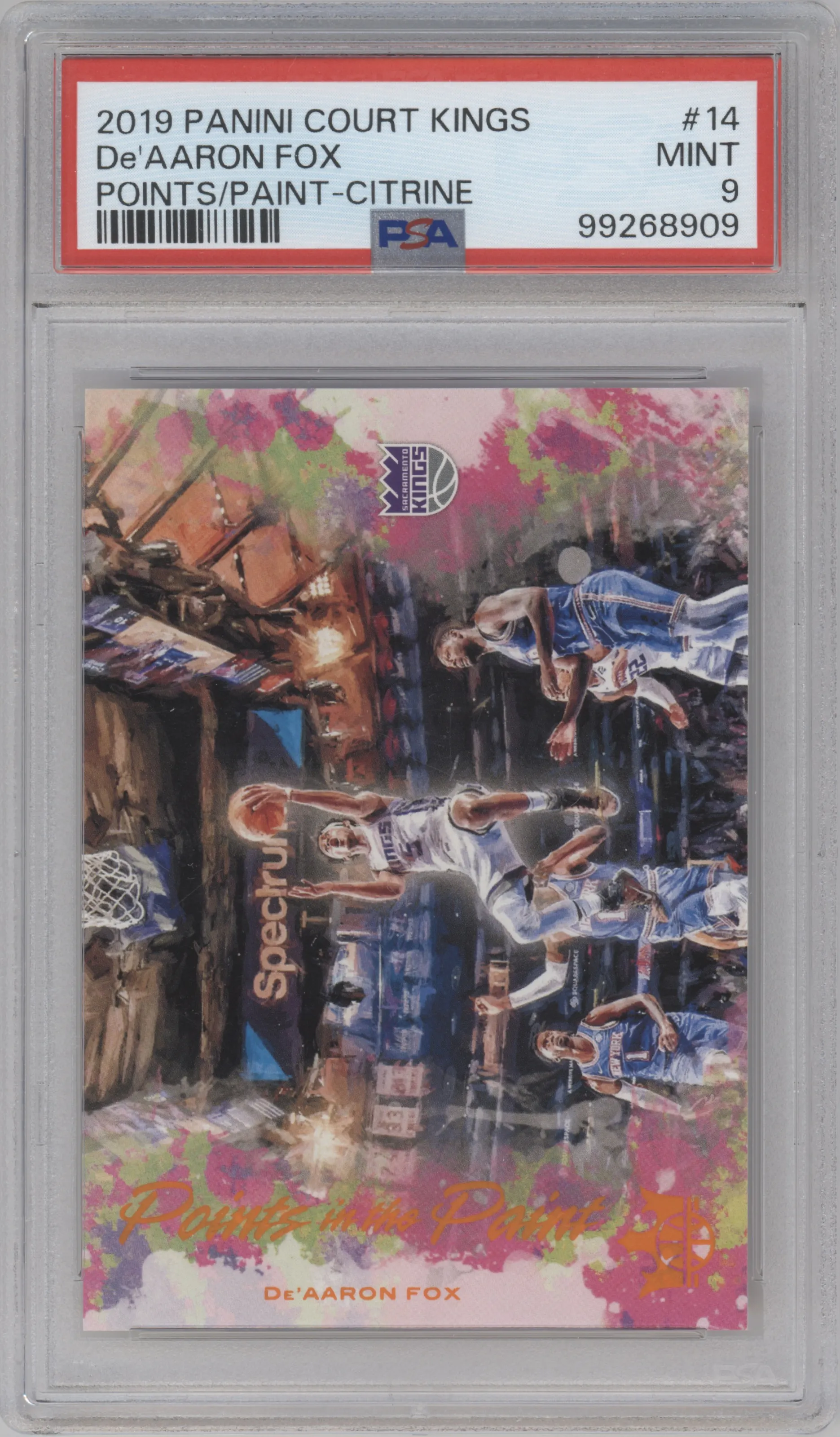 De'Aaron Fox from the 2019-20 Panini Court Kings set featuring a Citrine parallel graded by PSA and given an overall grade of 9.