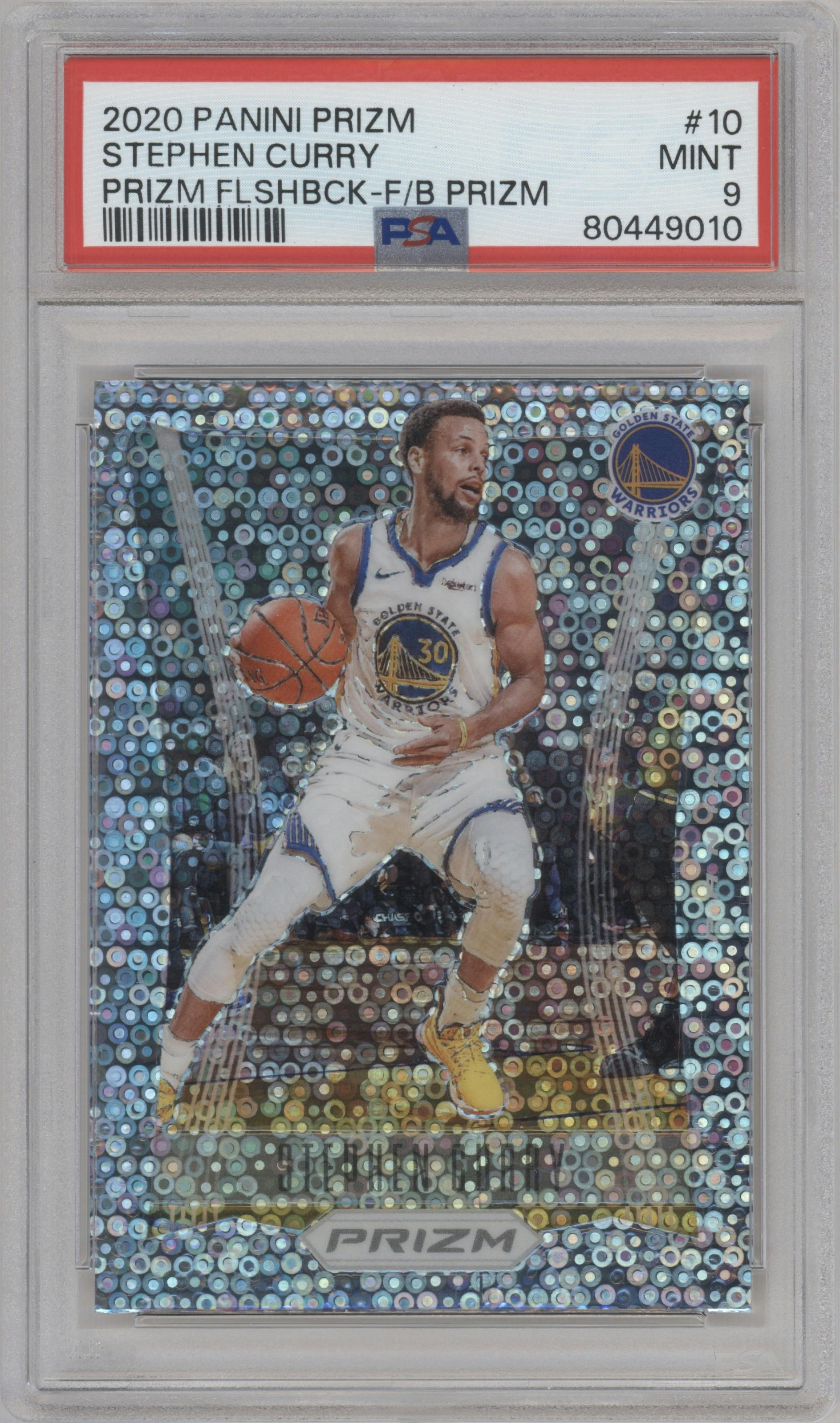 Stephen Curry from the 2020-21 Panini Prizm set featuring a Fast Break parallel graded by PSA and given an overall grade of 9.
