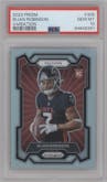 Bijan Robinson from the 2023 Panini Prizm set featuring a Silver Prizm parallel graded by PSA and given an overall grade of 10.