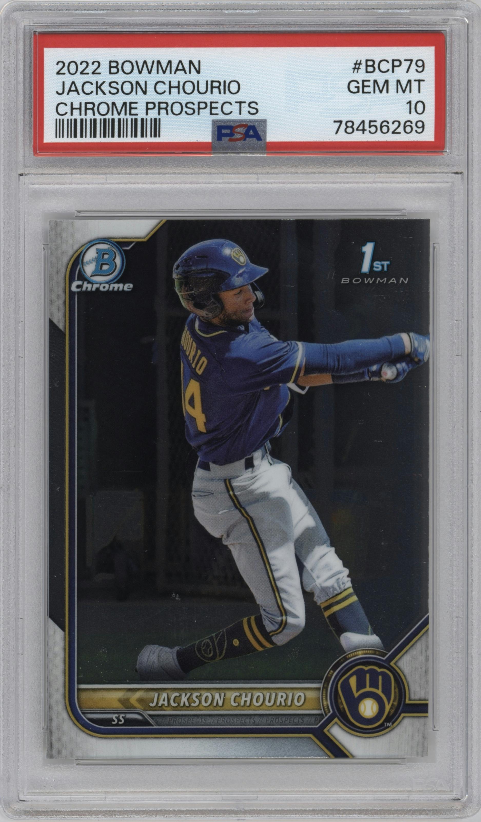 Jackson Chourio from the 2022 Bowman set graded by PSA and given an overall grade of 10.
