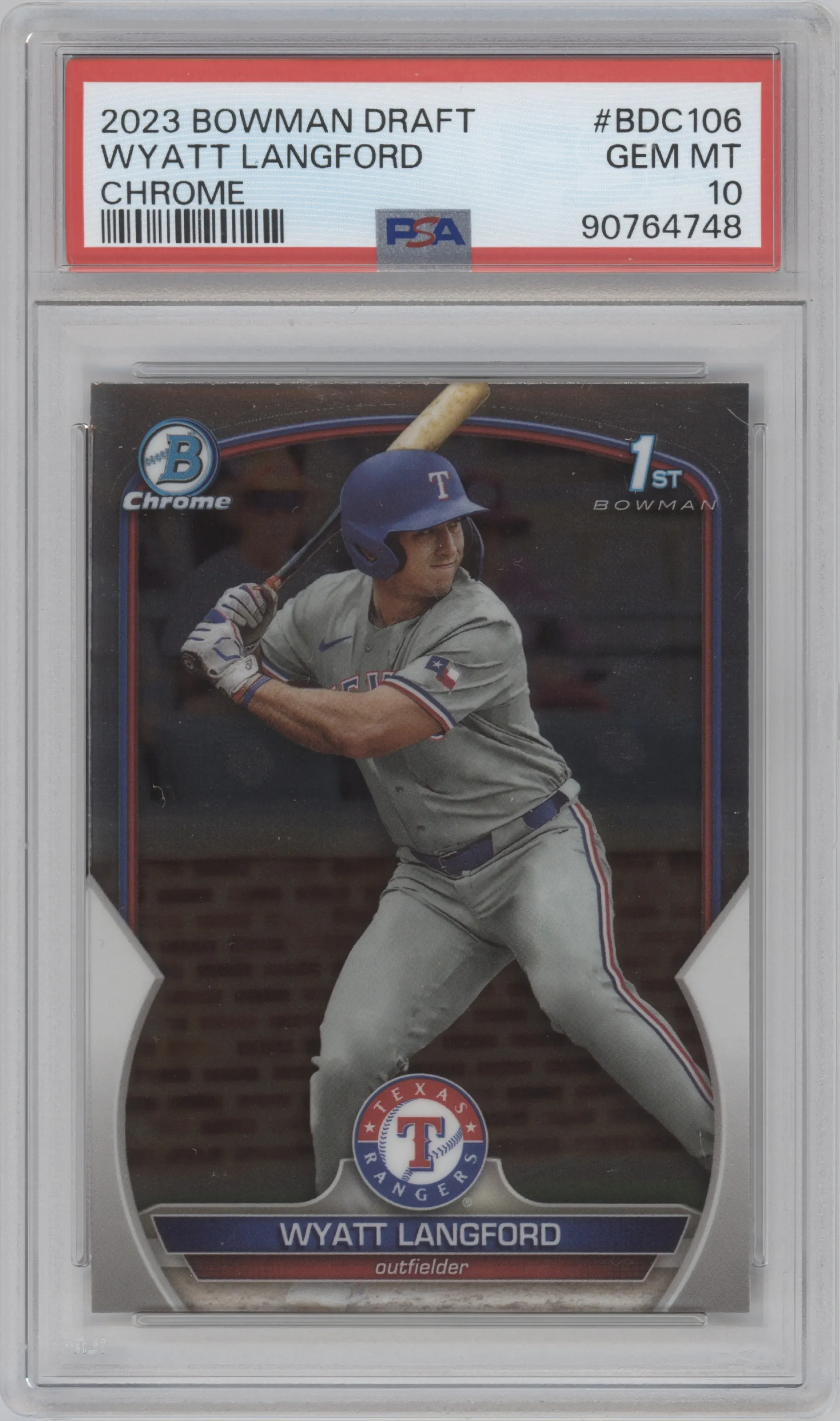 Wyatt Langford from the 2023 Bowman Draft set graded by PSA and given an overall grade of 10.