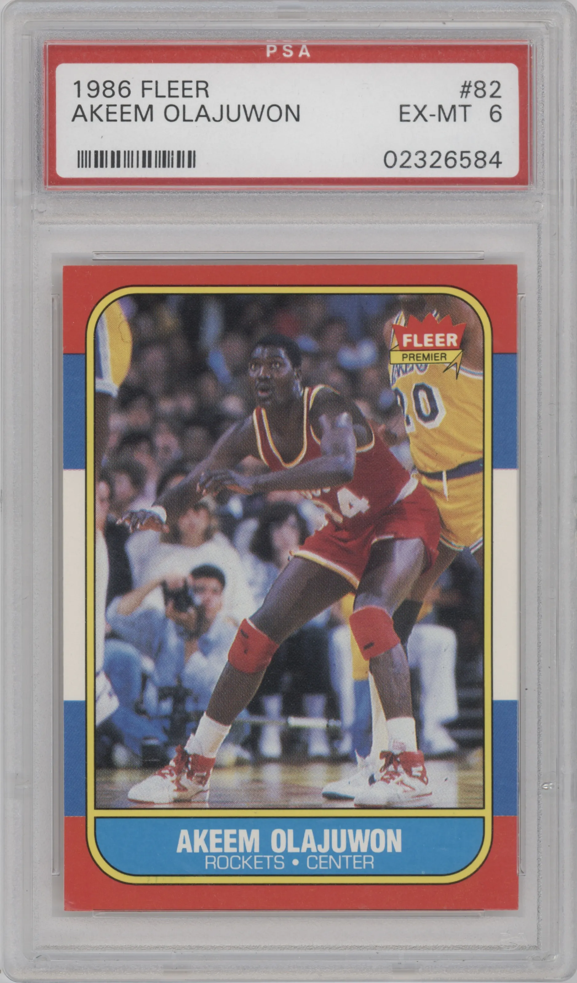 Akeem Olajuwon from the 1986-87 Fleer set graded by PSA and given an overall grade of 6.