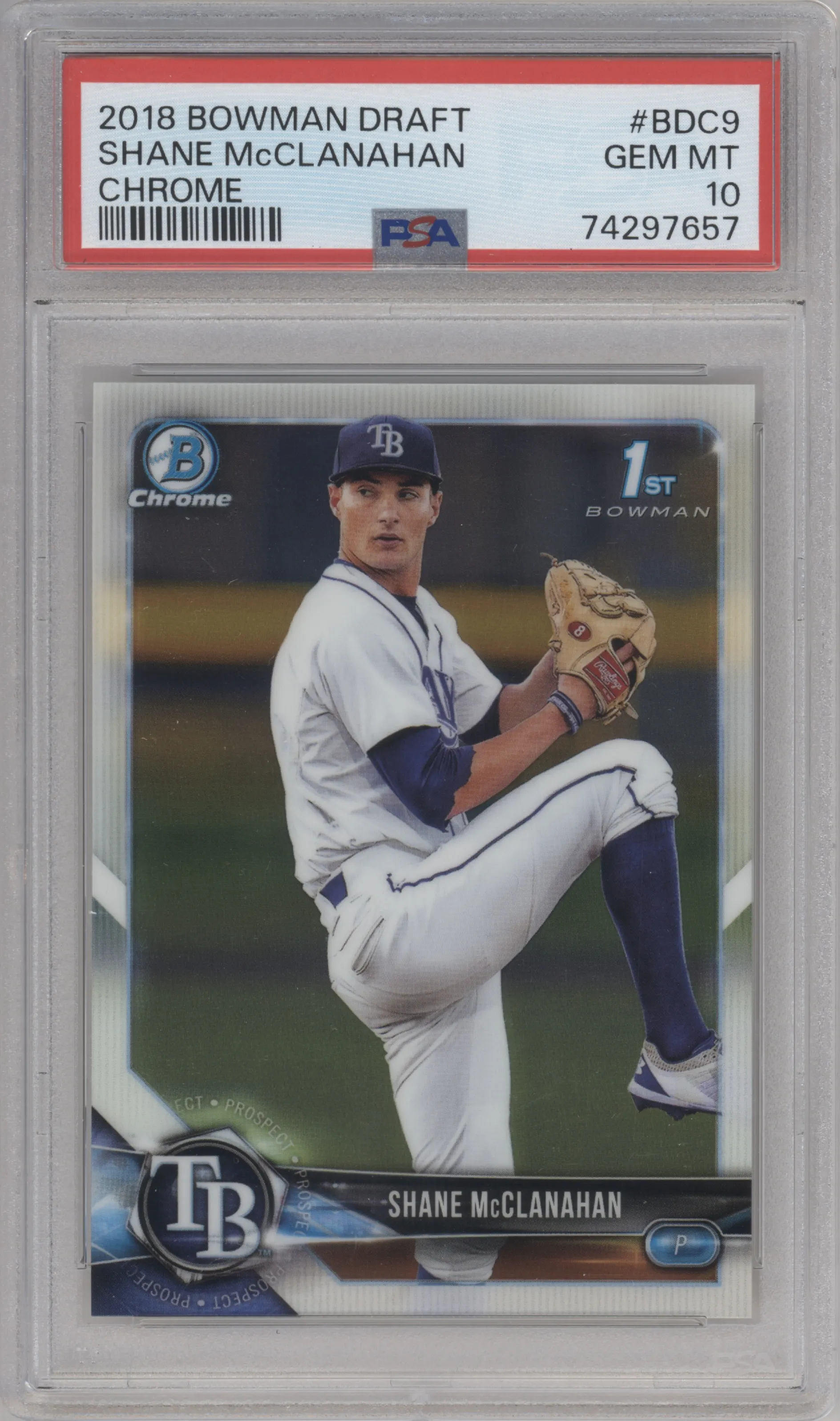 Shane McClanahan from the 2018 Bowman Draft set graded by PSA and given an overall grade of 10.
