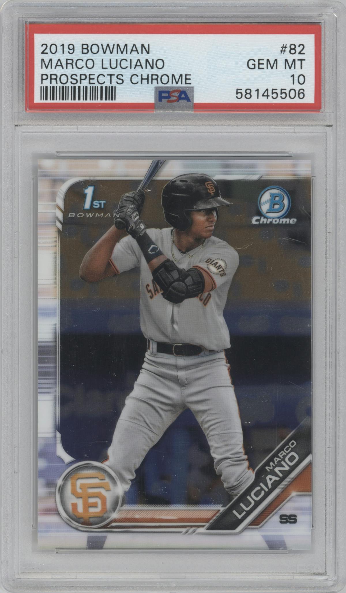 Marco Luciano from the 2019 Bowman  set graded by PSA and given an overall grade of 10.