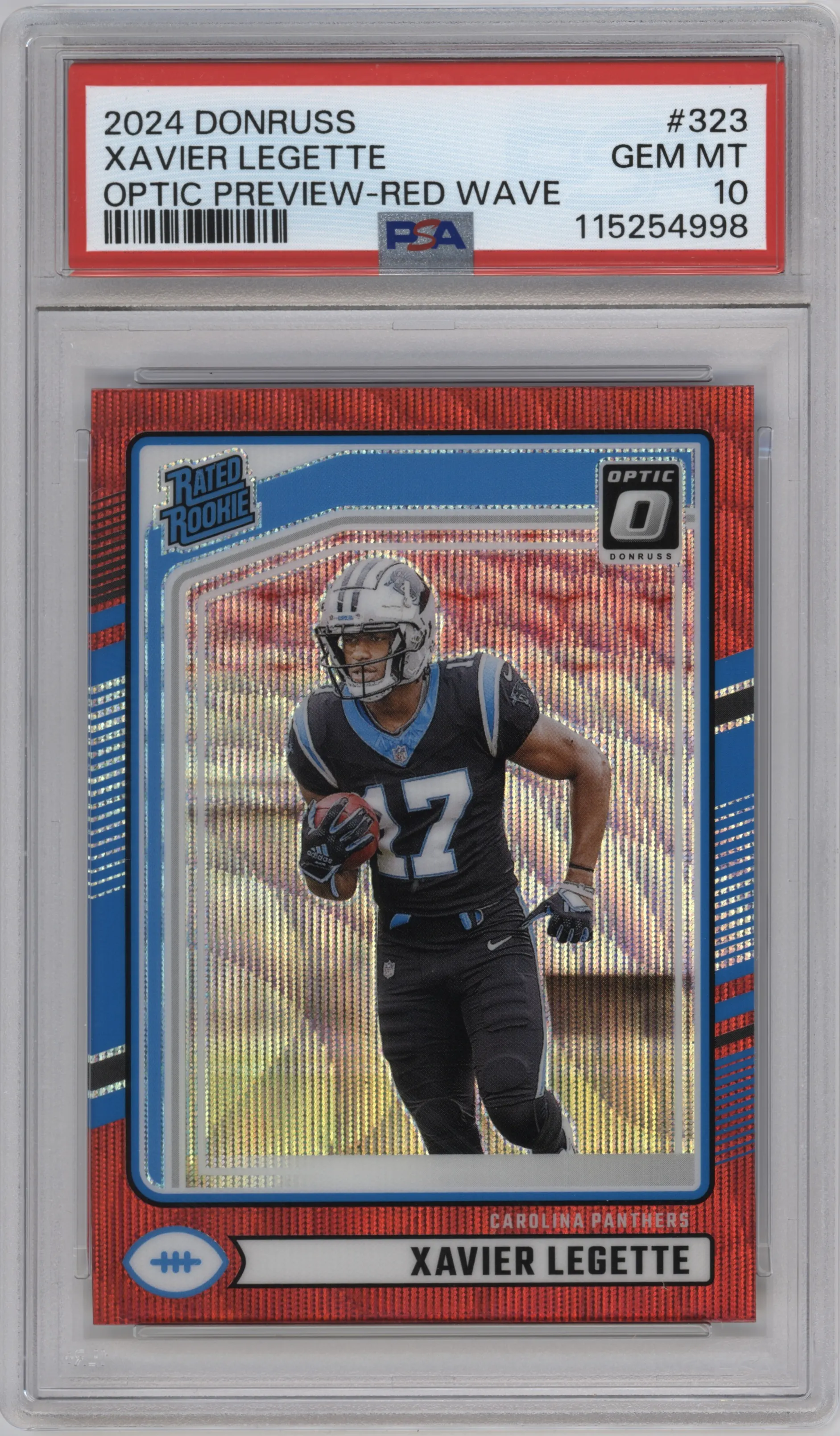 Xavier Legette from the 2024 Donruss set featuring a Red Wave parallel graded by PSA and given an overall grade of 10.