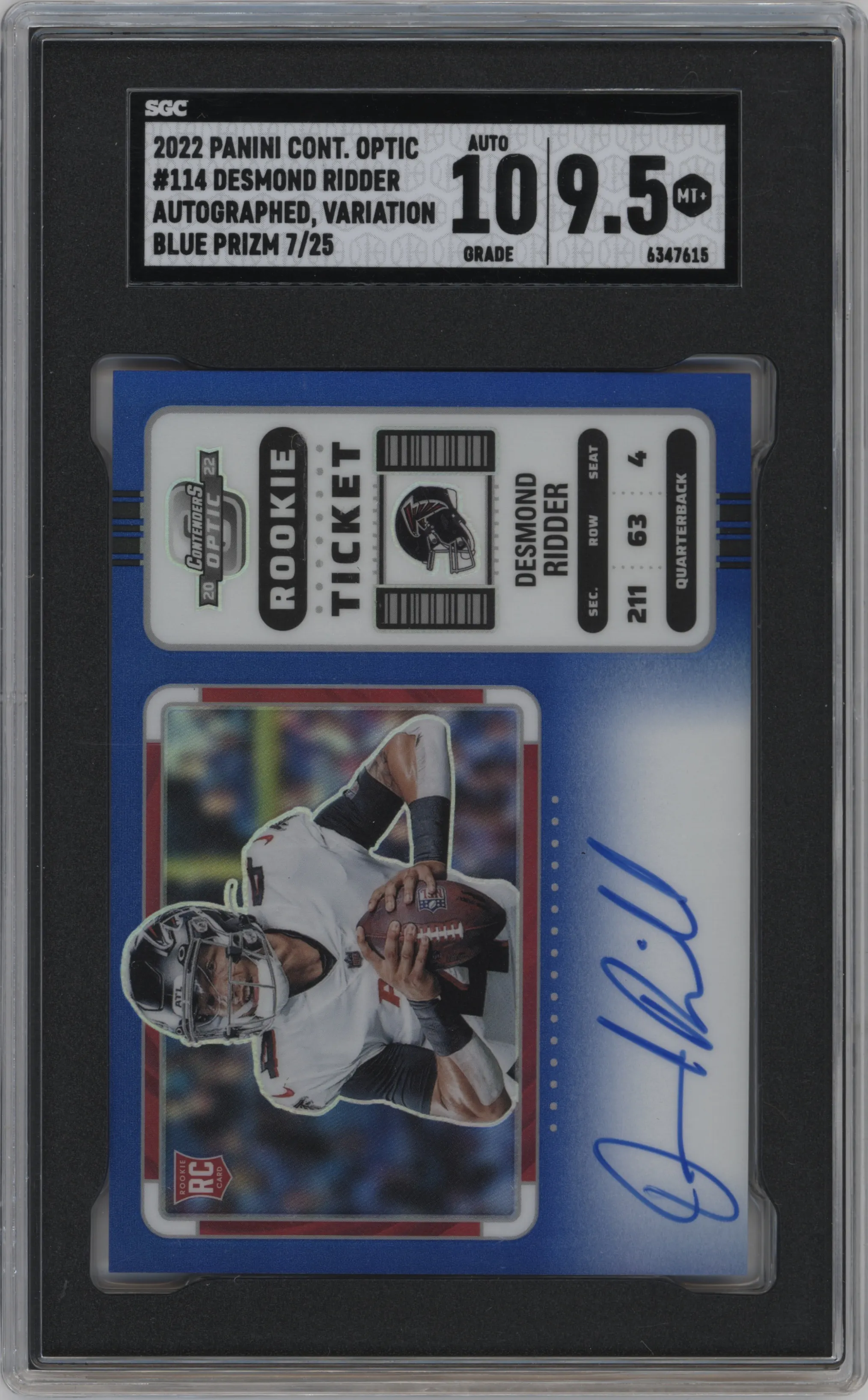 Desmond Ridder from the 2022 Panini Contenders Optic set featuring a Blue parallel graded by SGC and given an overall grade of 9.5.