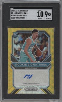 LaMelo Ball from the 2020-21 Panini Prizm set featuring a Gold Wave parallel graded by SGC and given an overall grade of 9.