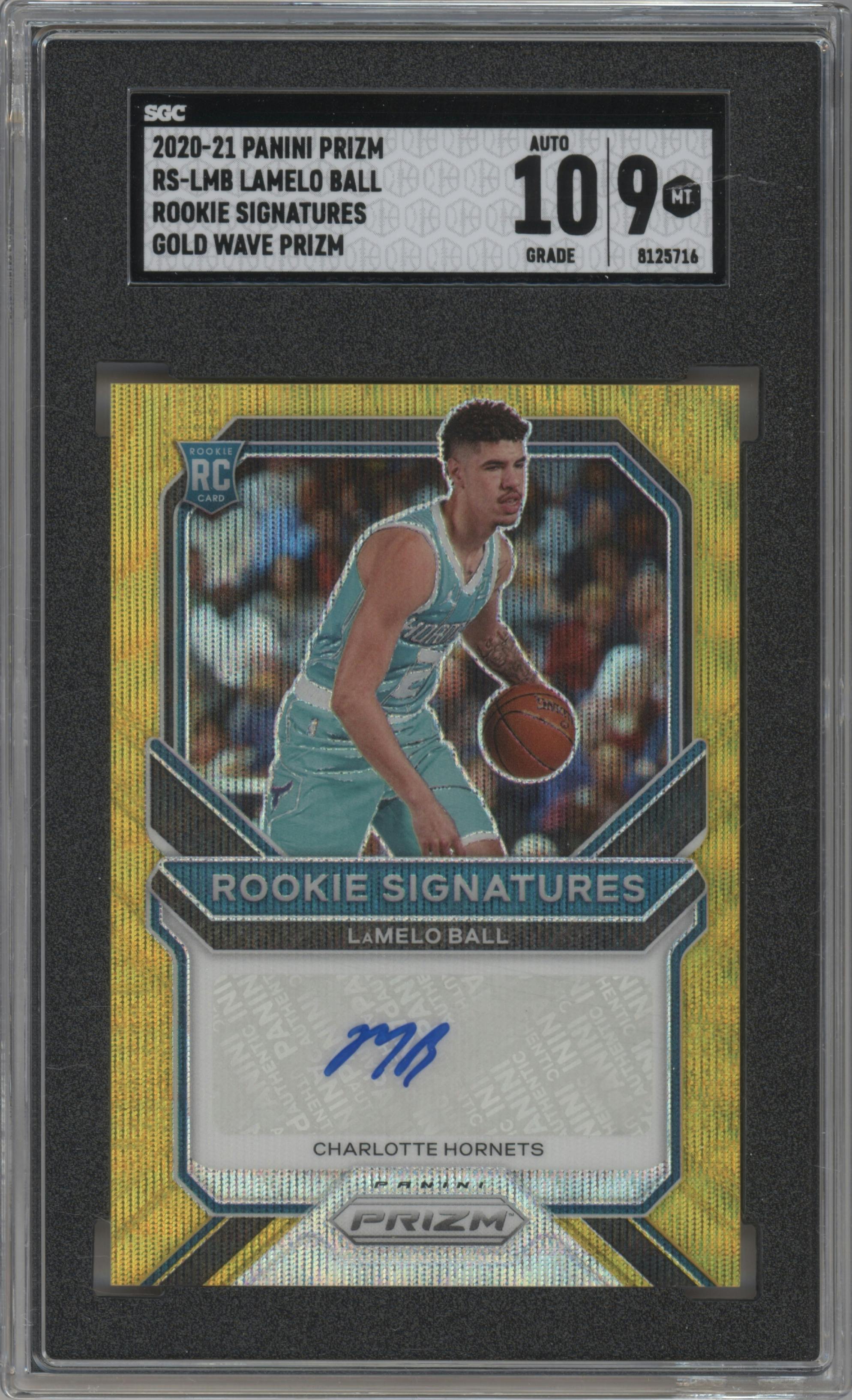 LaMelo Ball from the 2020-21 Panini Prizm set featuring a Gold Wave parallel graded by SGC and given an overall grade of 9.