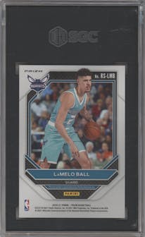 LaMelo Ball from the 2020-21 Panini Prizm set featuring a Gold Wave parallel graded by SGC and given an overall grade of 9.