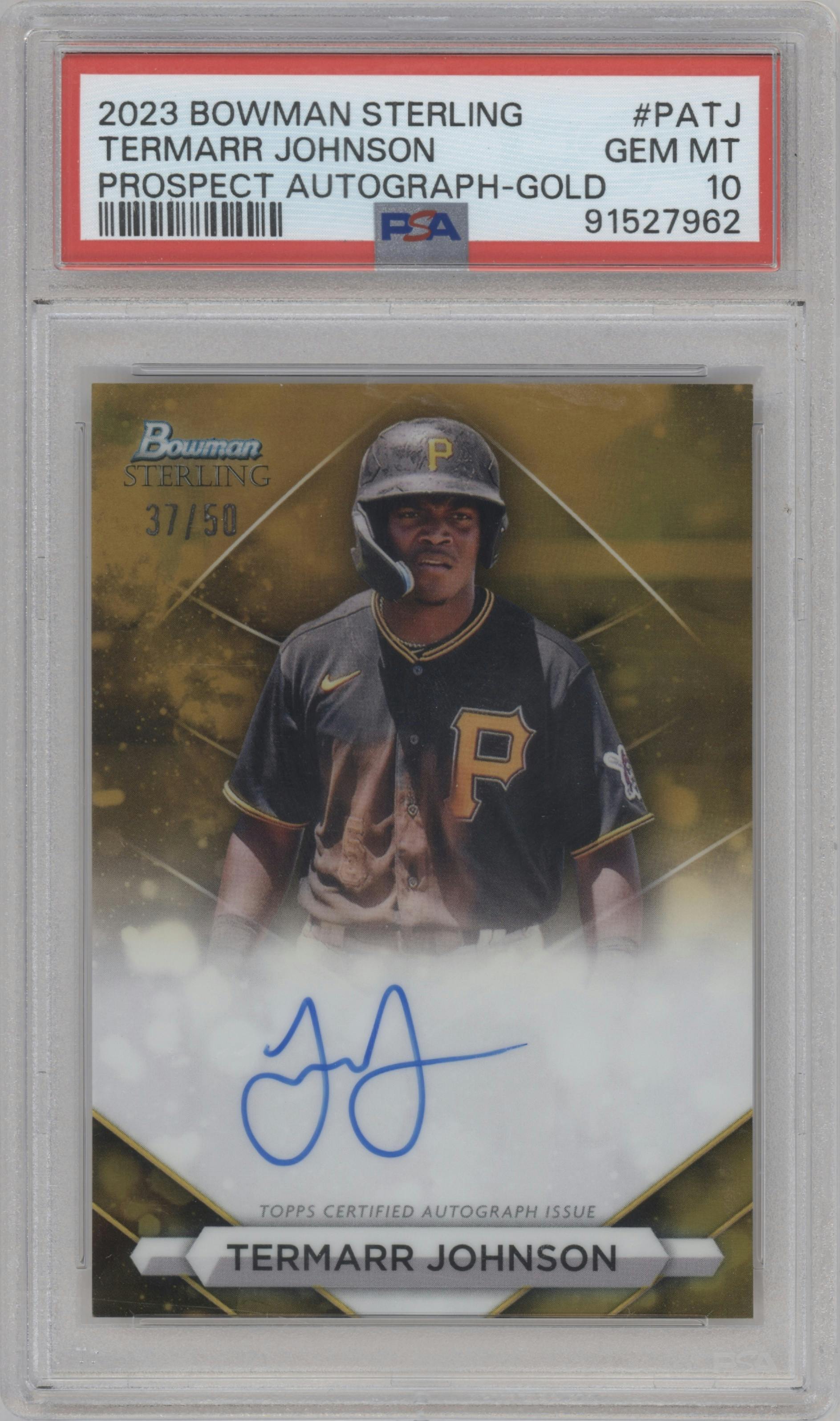 Termarr Johnson from the 2023 Bowman Sterling set featuring a Gold Refractor parallel graded by PSA and given an overall grade of 10.