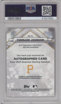 Termarr Johnson from the 2023 Bowman Sterling set featuring a Gold Refractor parallel graded by PSA and given an overall grade of 10.