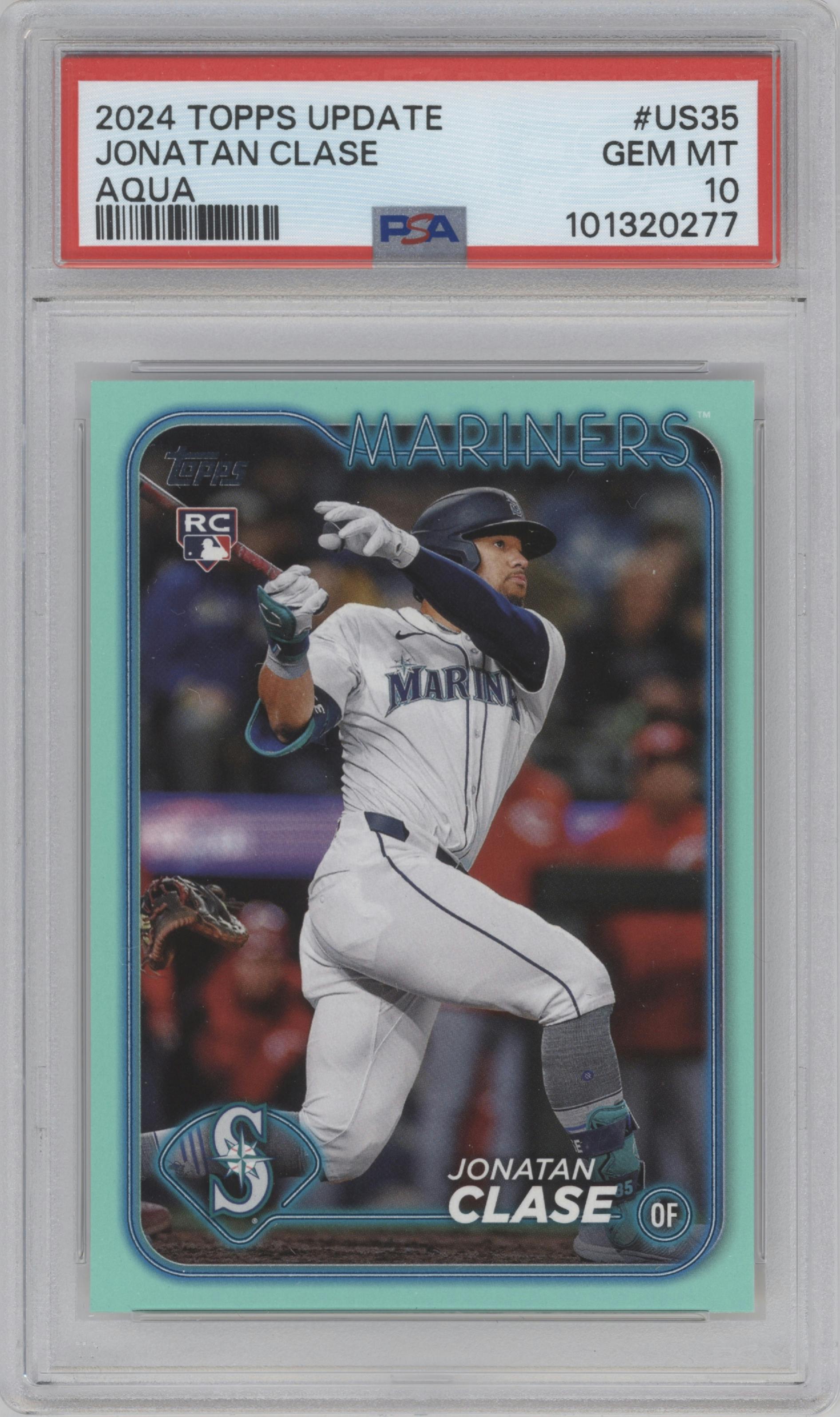 Jonatan Clase from the 2024 Topps Update set featuring a Aqua parallel graded by PSA and given an overall grade of 10.