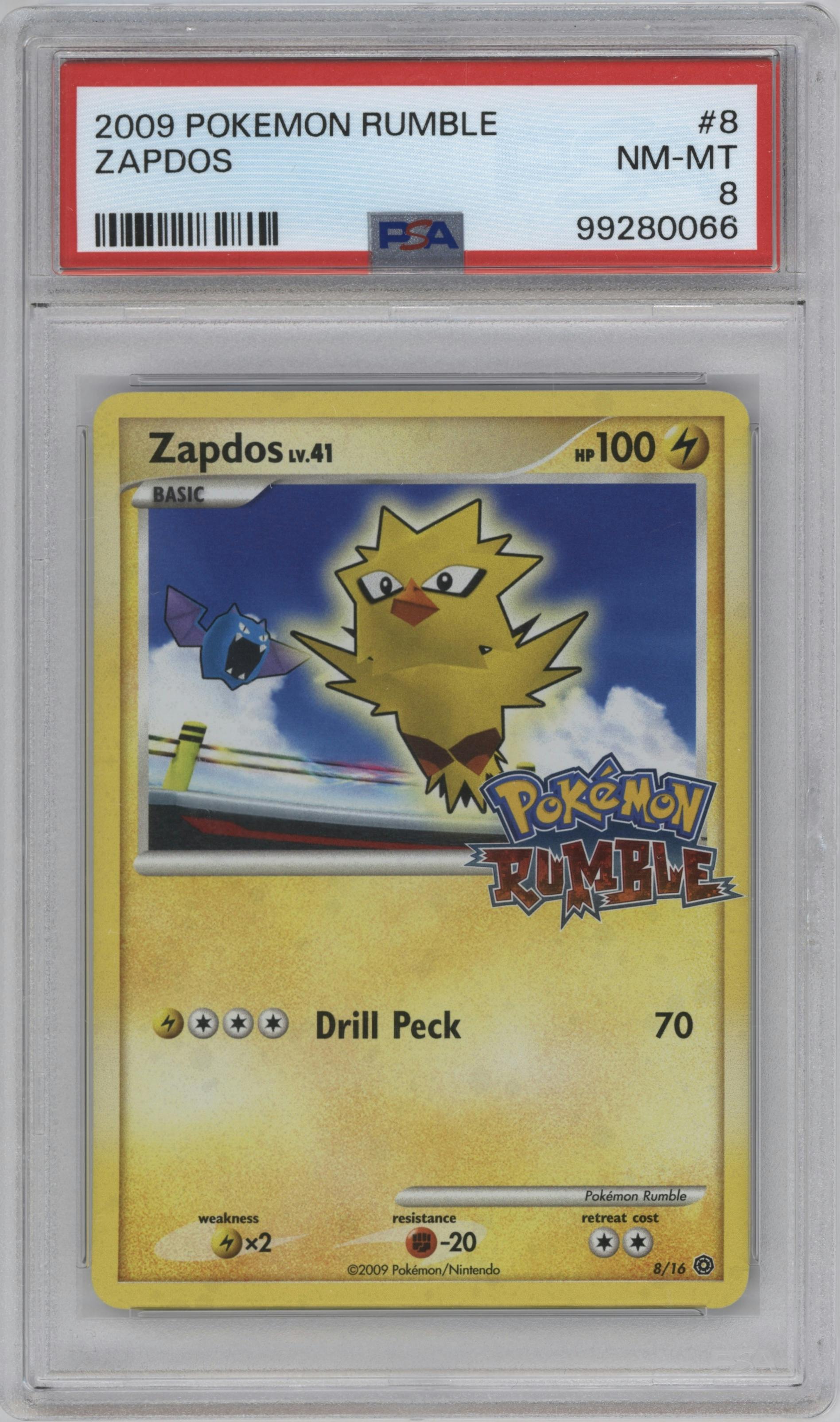 Zapdos from the 2009 Pokemon Platinum set graded by PSA and given an overall grade of 8.