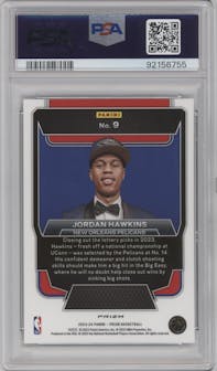 Jordan Hawkins from the 2023-24 Panini Prizm set featuring a Silver Prizm parallel graded by PSA and given an overall grade of 9.
