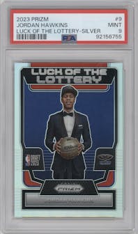 Jordan Hawkins from the 2023-24 Panini Prizm set featuring a Silver Prizm parallel graded by PSA and given an overall grade of 9.
