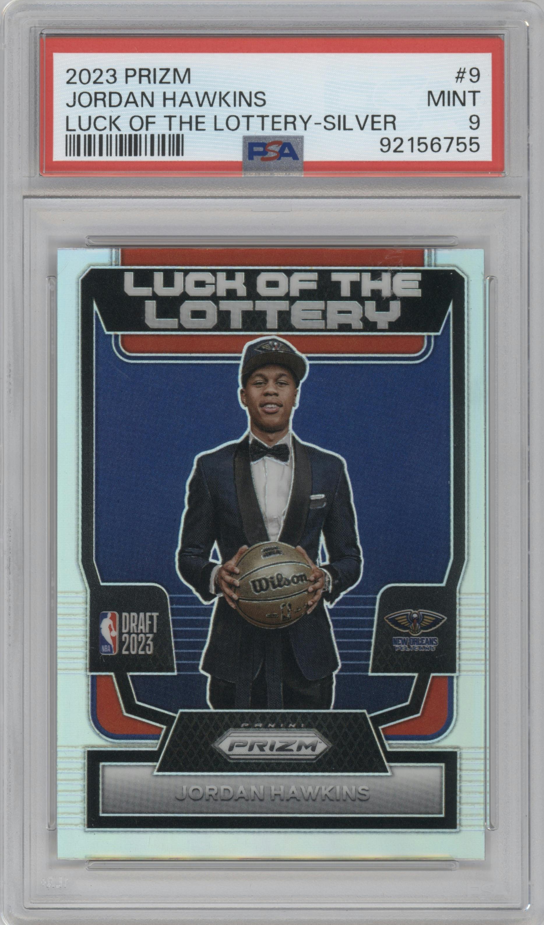 Jordan Hawkins from the 2023-24 Panini Prizm set featuring a Silver Prizm parallel graded by PSA and given an overall grade of 9.