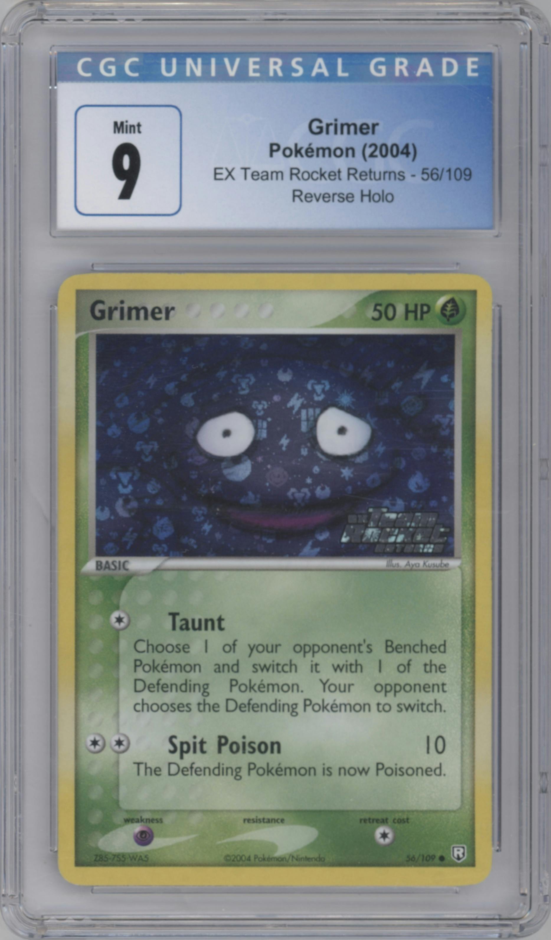 Grimer from the 2004 Pokemon EX set graded by CSG and given an overall grade of 9.