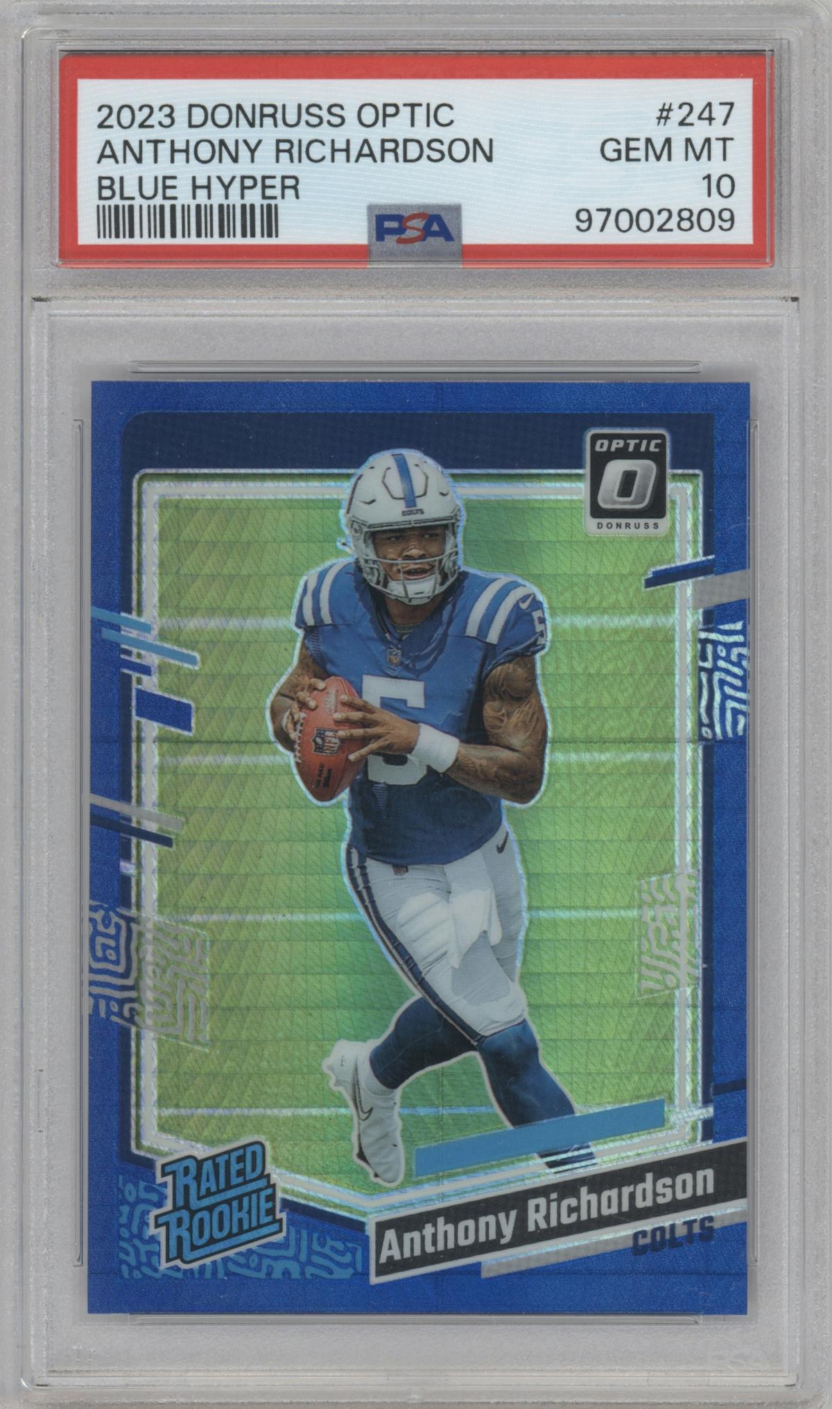 Anthony Richardson from the 2023 Donruss Optic set featuring a Hyper Blue  parallel graded by PSA and given an overall grade of 10.