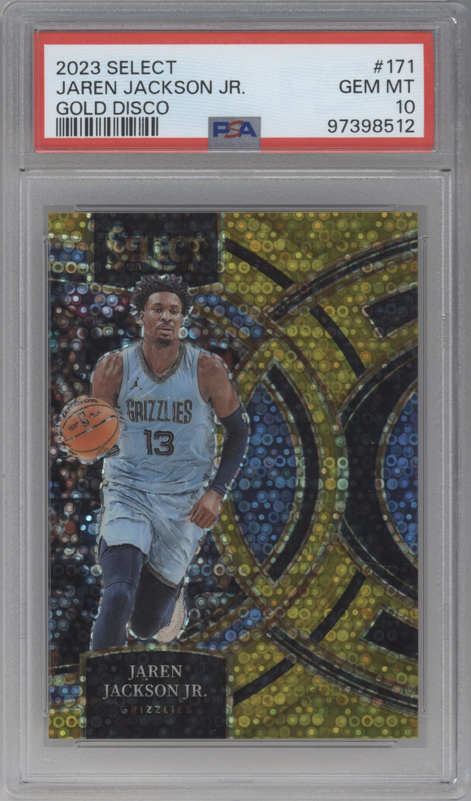Jaren Jackson Jr. from the 2023-24 Panini Select  set featuring a Gold Disco parallel graded by PSA and given an overall grade of 10.