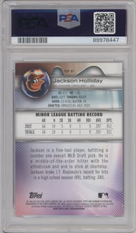 Jackson Holliday from the 2023 Bowman Platinum set graded by PSA and given an overall grade of 10.