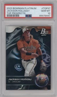 Jackson Holliday from the 2023 Bowman Platinum set graded by PSA and given an overall grade of 10.