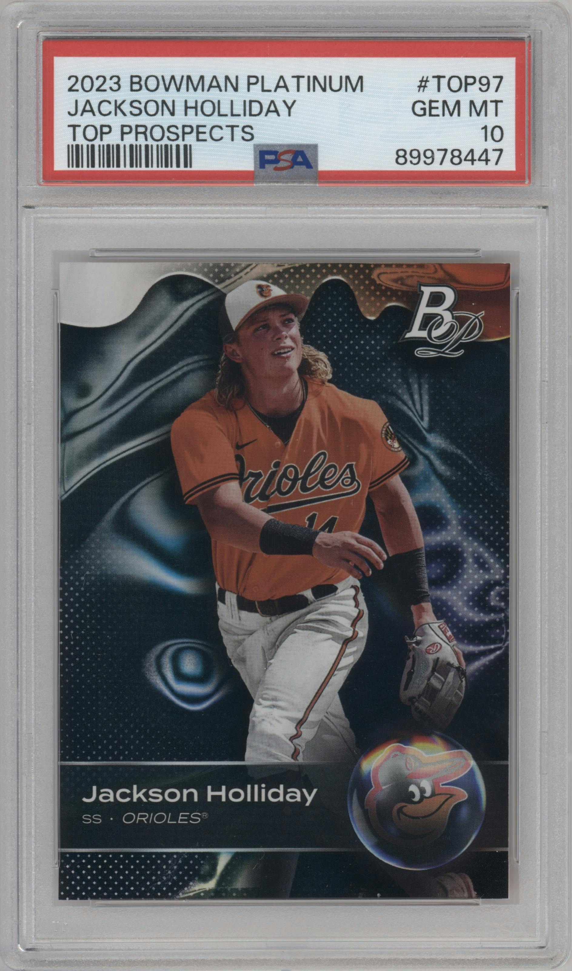 Jackson Holliday from the 2023 Bowman Platinum set graded by PSA and given an overall grade of 10.