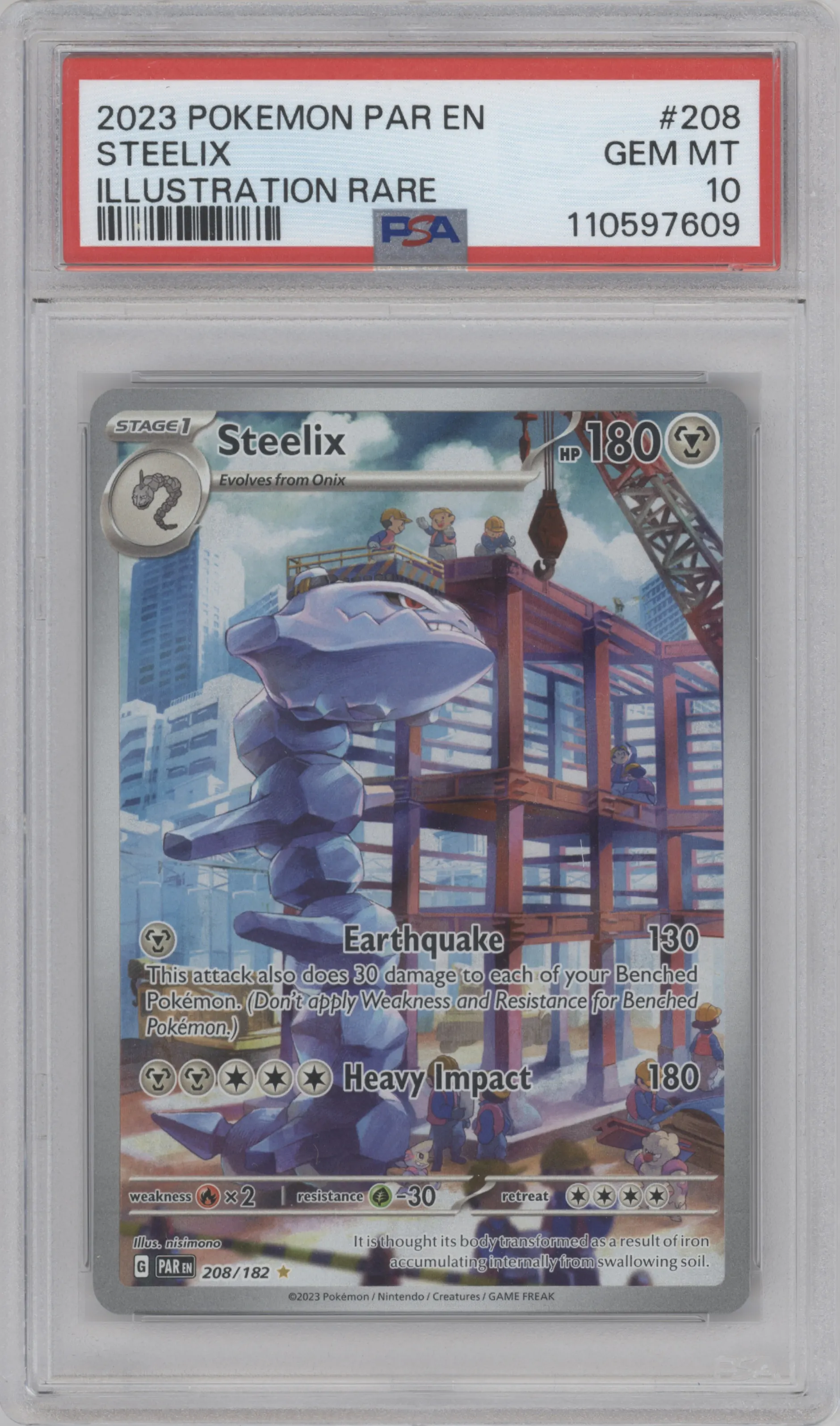 Steelix from the 2023 Pokemon SV set graded by PSA and given an overall grade of 10.