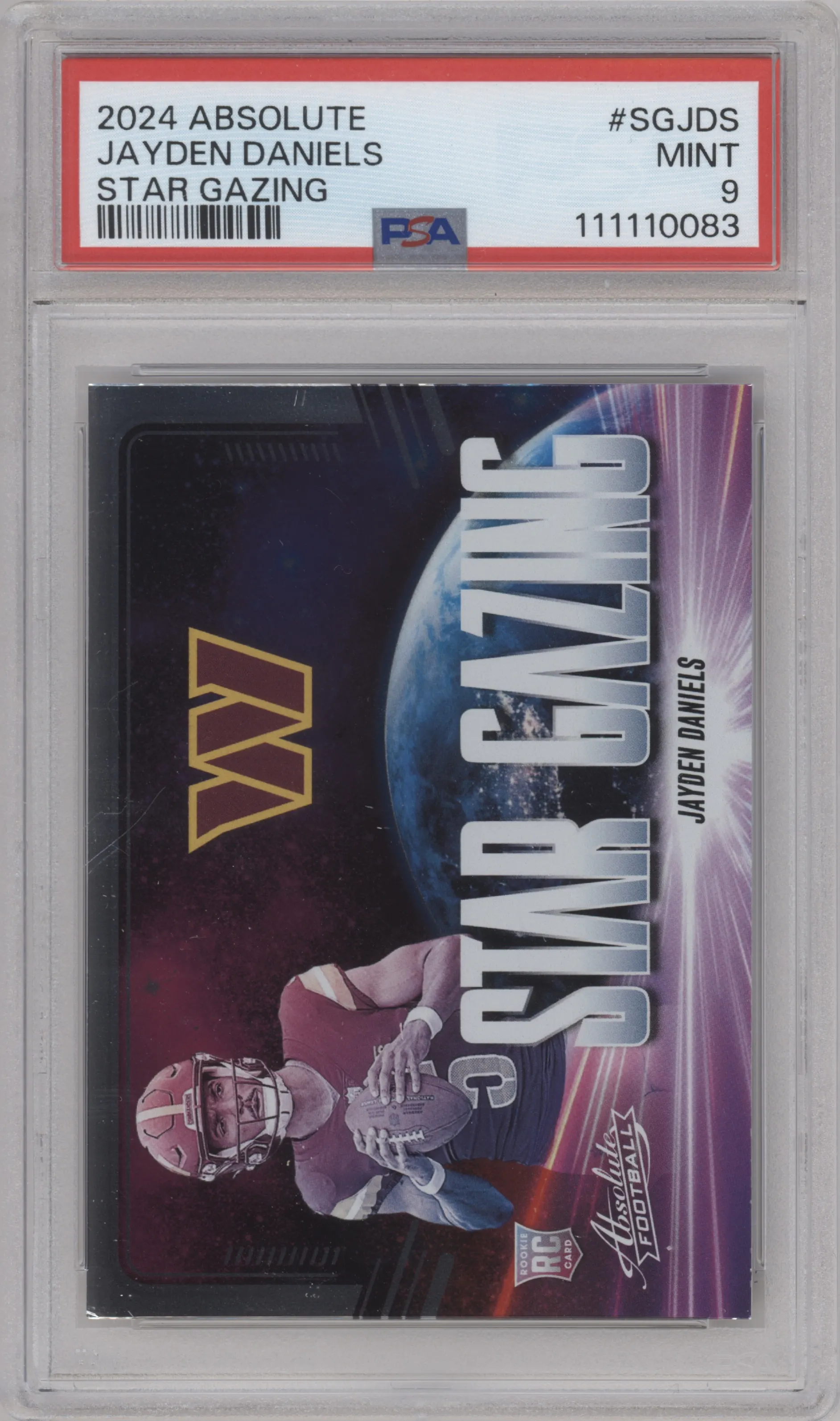 Jayden Daniels from the 2024 Panini Absolute set graded by PSA and given an overall grade of 9.