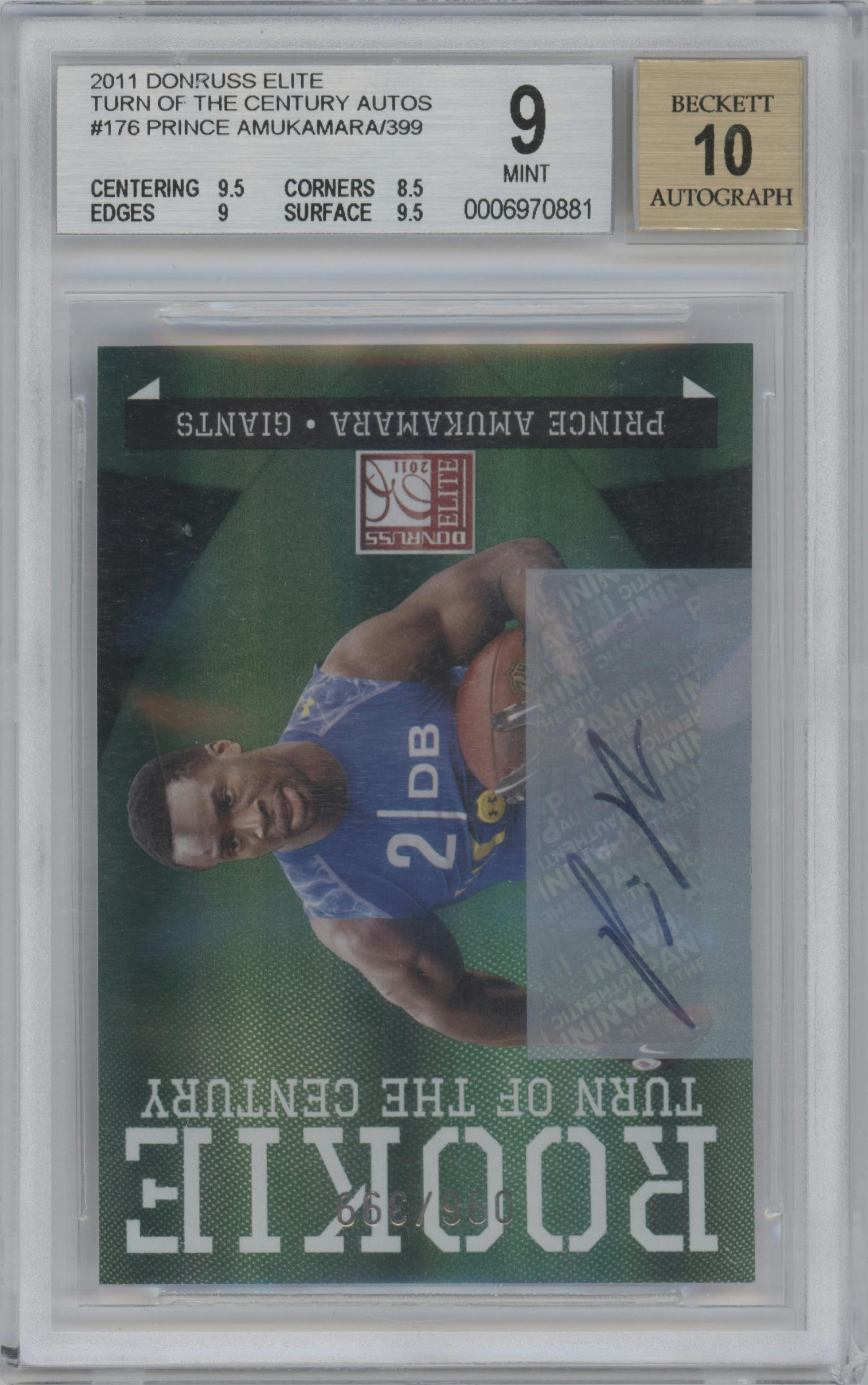 Prince Amukamara from the 2011 Donruss Elite set graded by Beckett and given an overall grade of 9.