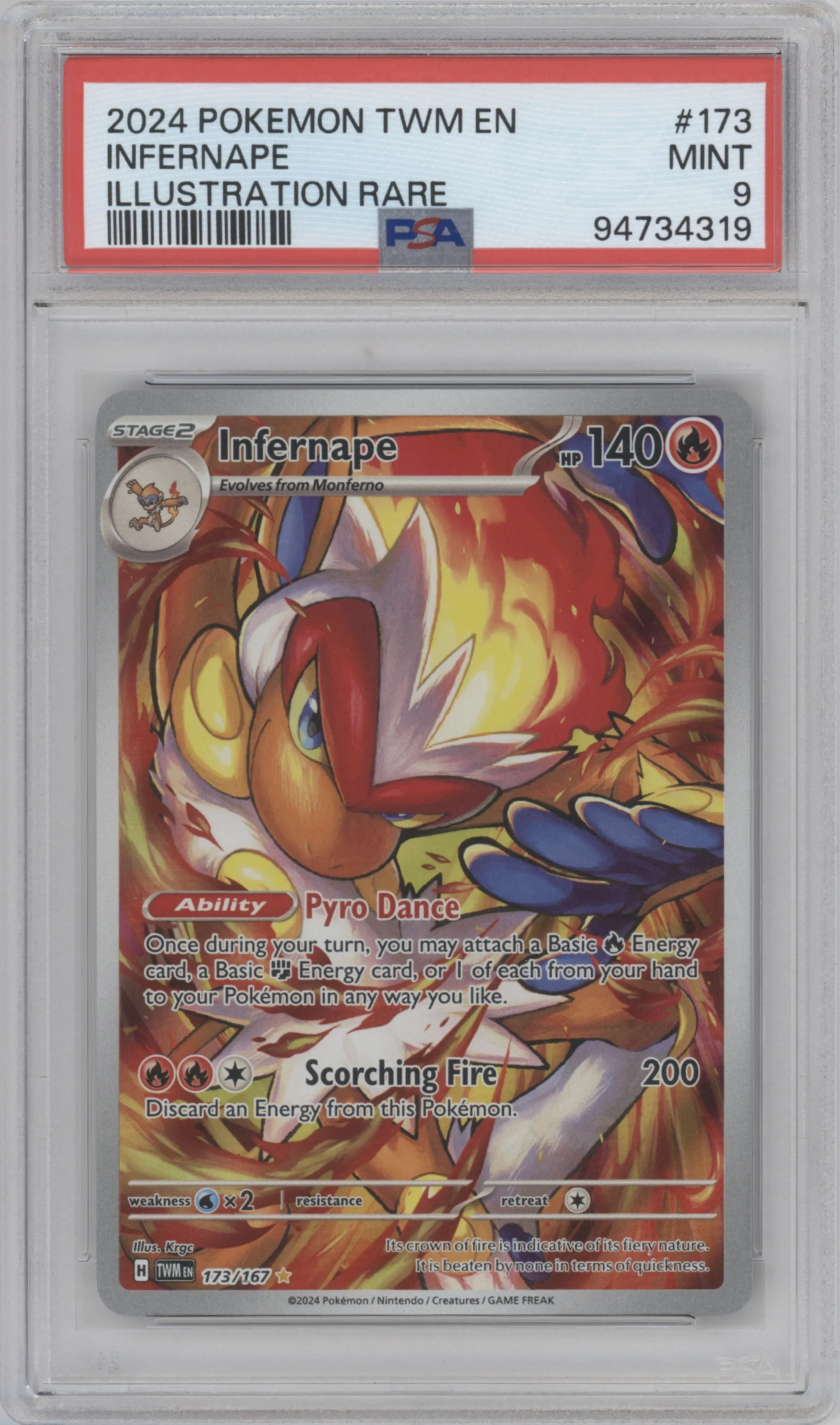 Infernape from the 2024 Pokemon SV set graded by PSA and given an overall grade of 9.