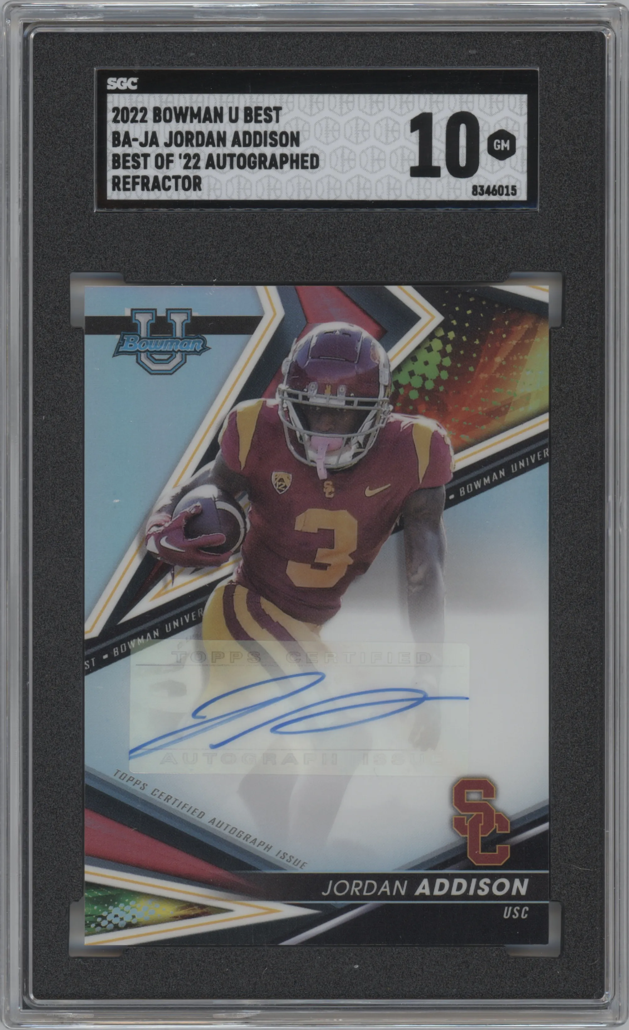 Jordan Addison from the 2022-23 Bowman's Best University set featuring a Refractor parallel graded by SGC and given an overall grade of 10.