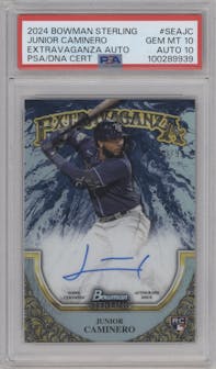 Junior Caminero from the 2024 Bowman Sterling set graded by PSA and given an overall grade of 10.