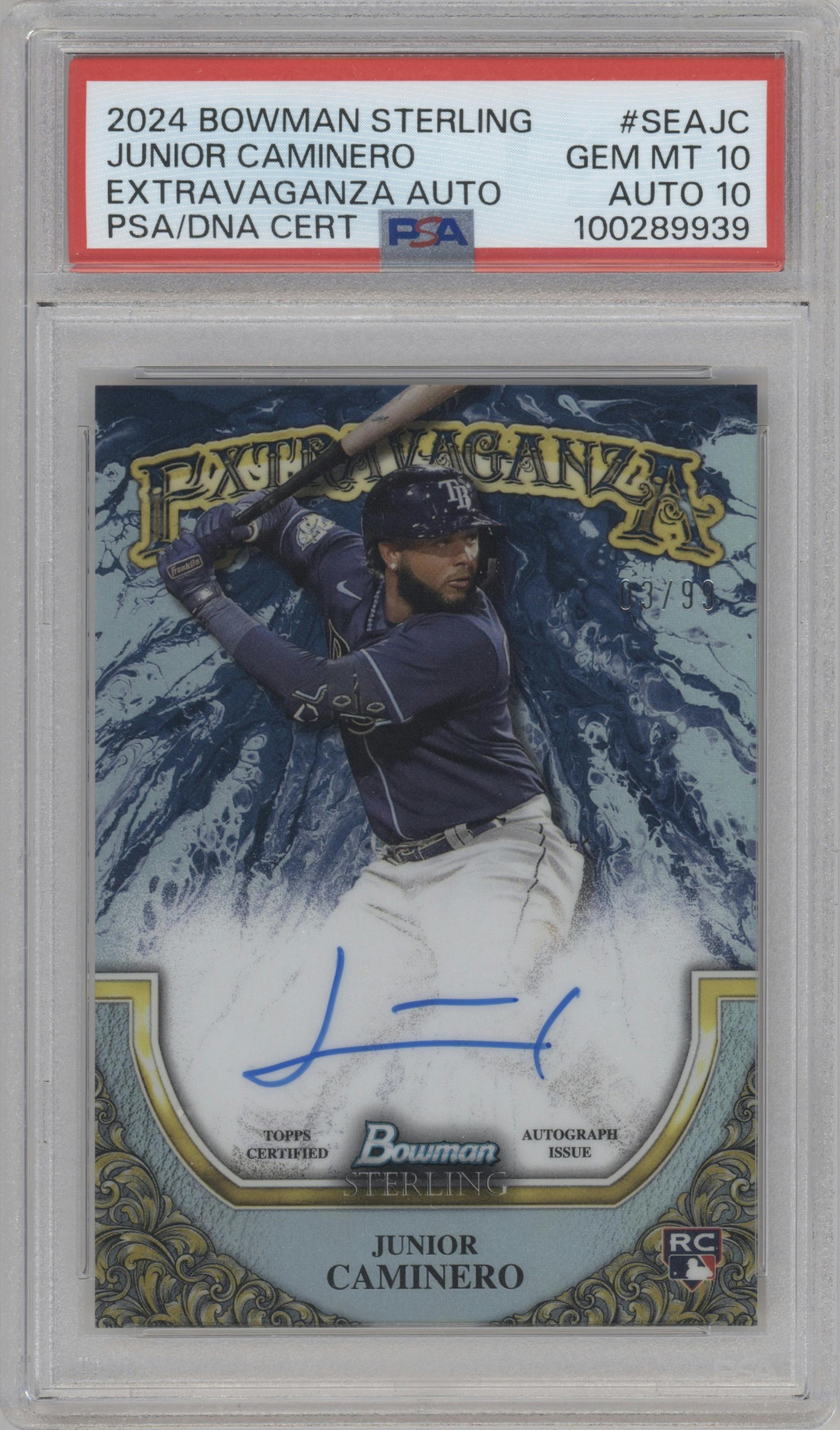 Junior Caminero from the 2024 Bowman Sterling set graded by PSA and given an overall grade of 10.
