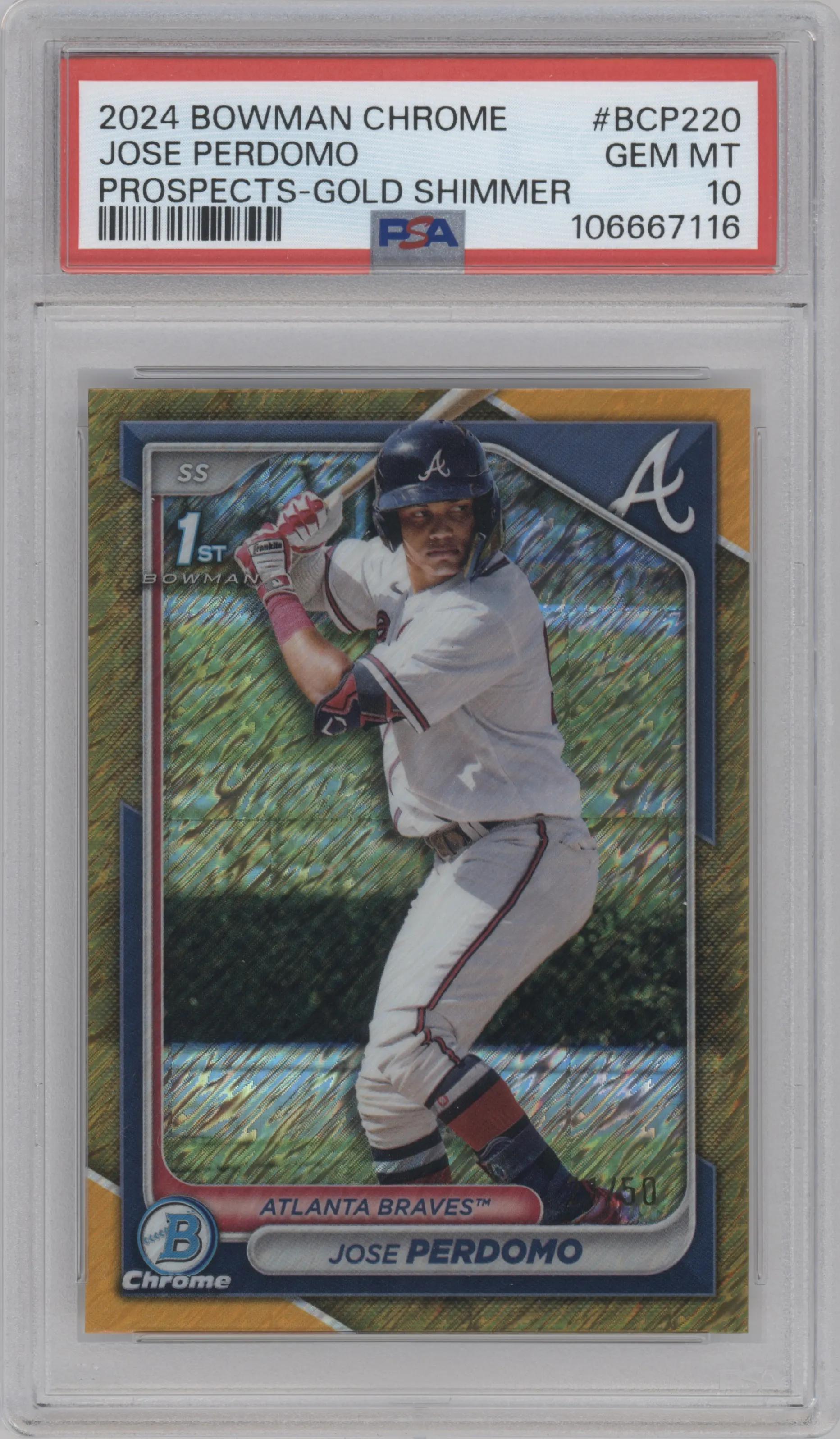 Jose Perdomo from the 2024 Bowman Chrome set featuring a Gold Shimmer Refractor parallel graded by PSA and given an overall grade of 10.