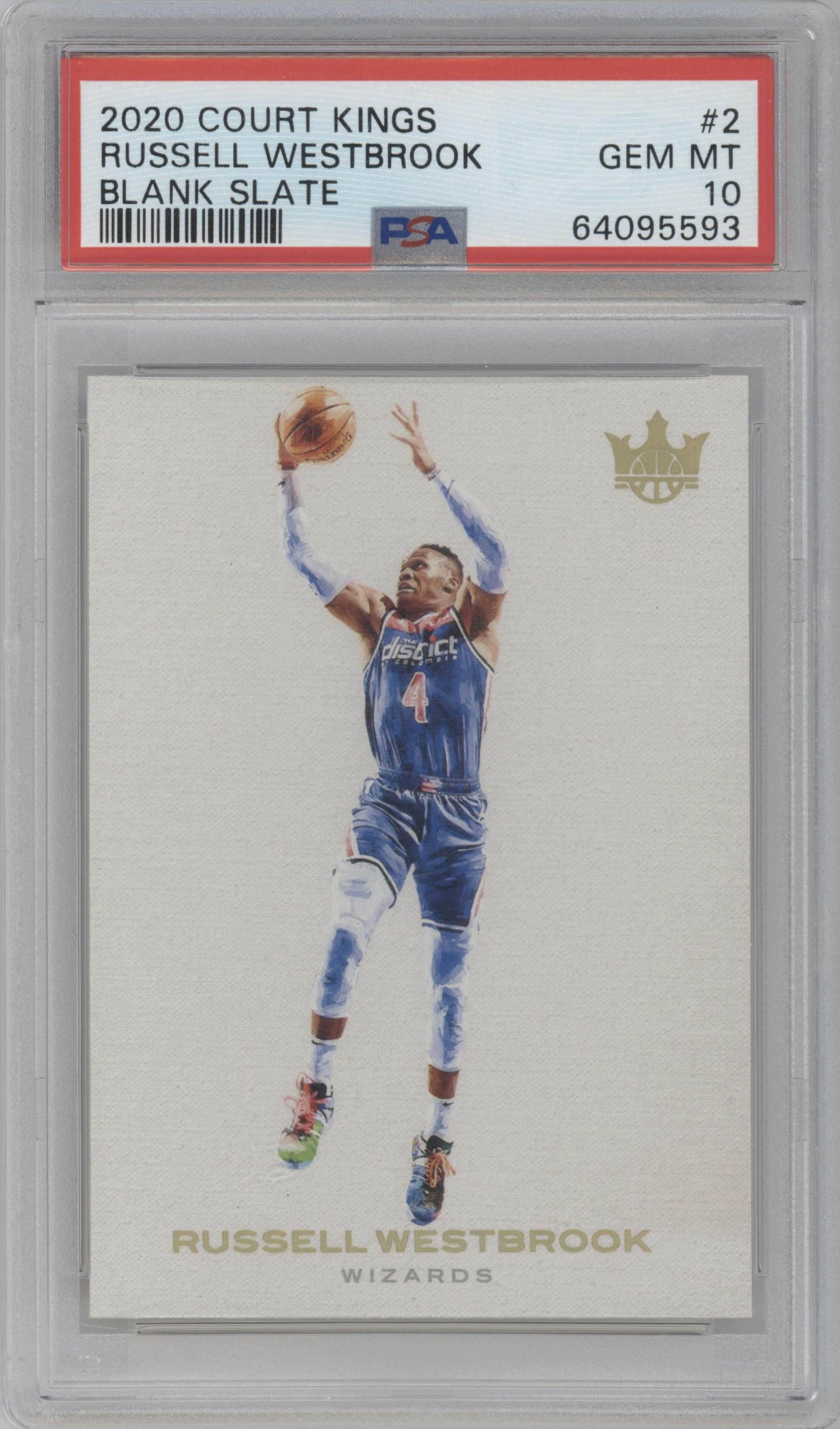Russell Westbrook from the 2020-21 Panini Court Kings set graded by PSA and given an overall grade of 10.