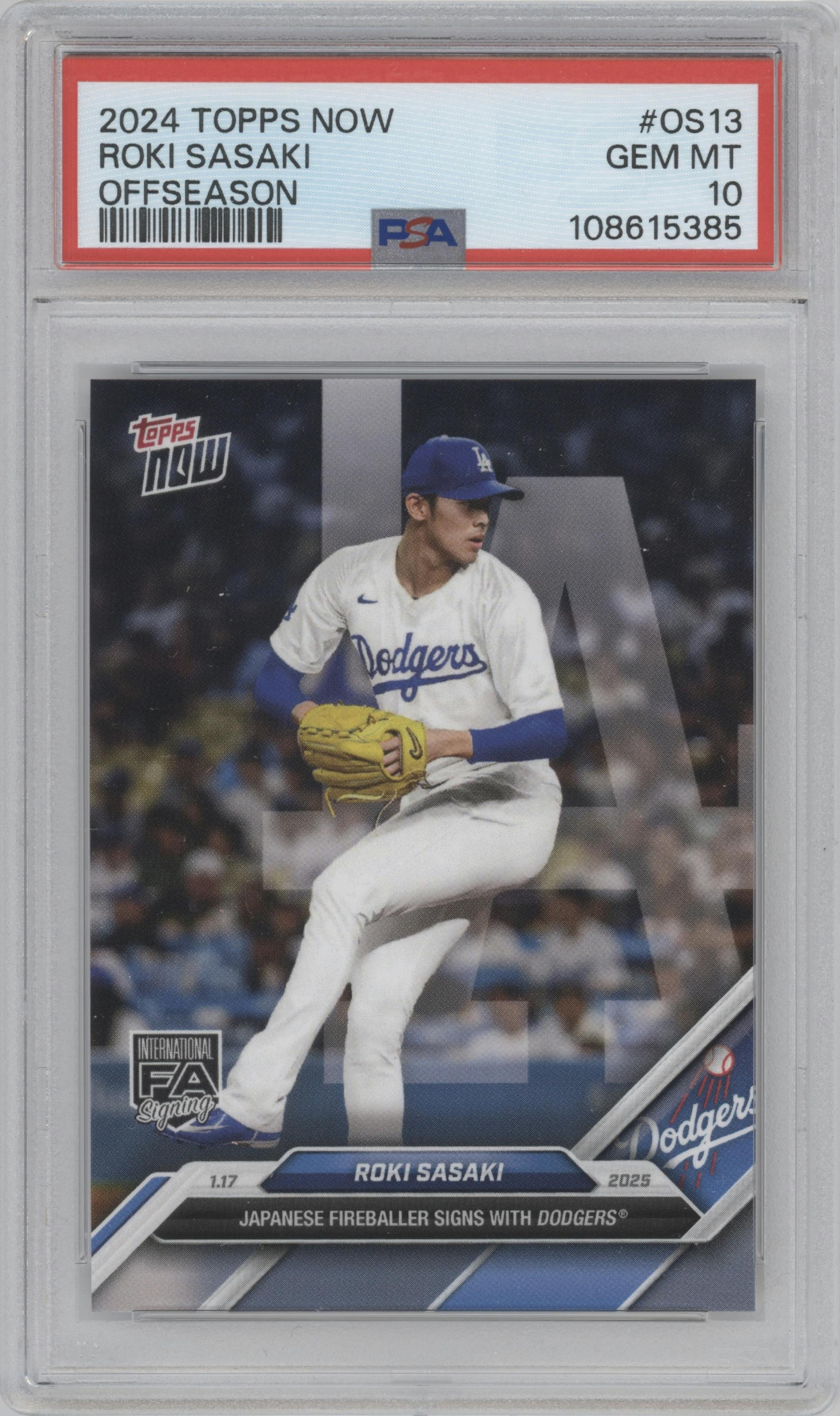 Roki Sasaki from the 2024-25 Topps Now Off-Season set graded by PSA and given an overall grade of 10.