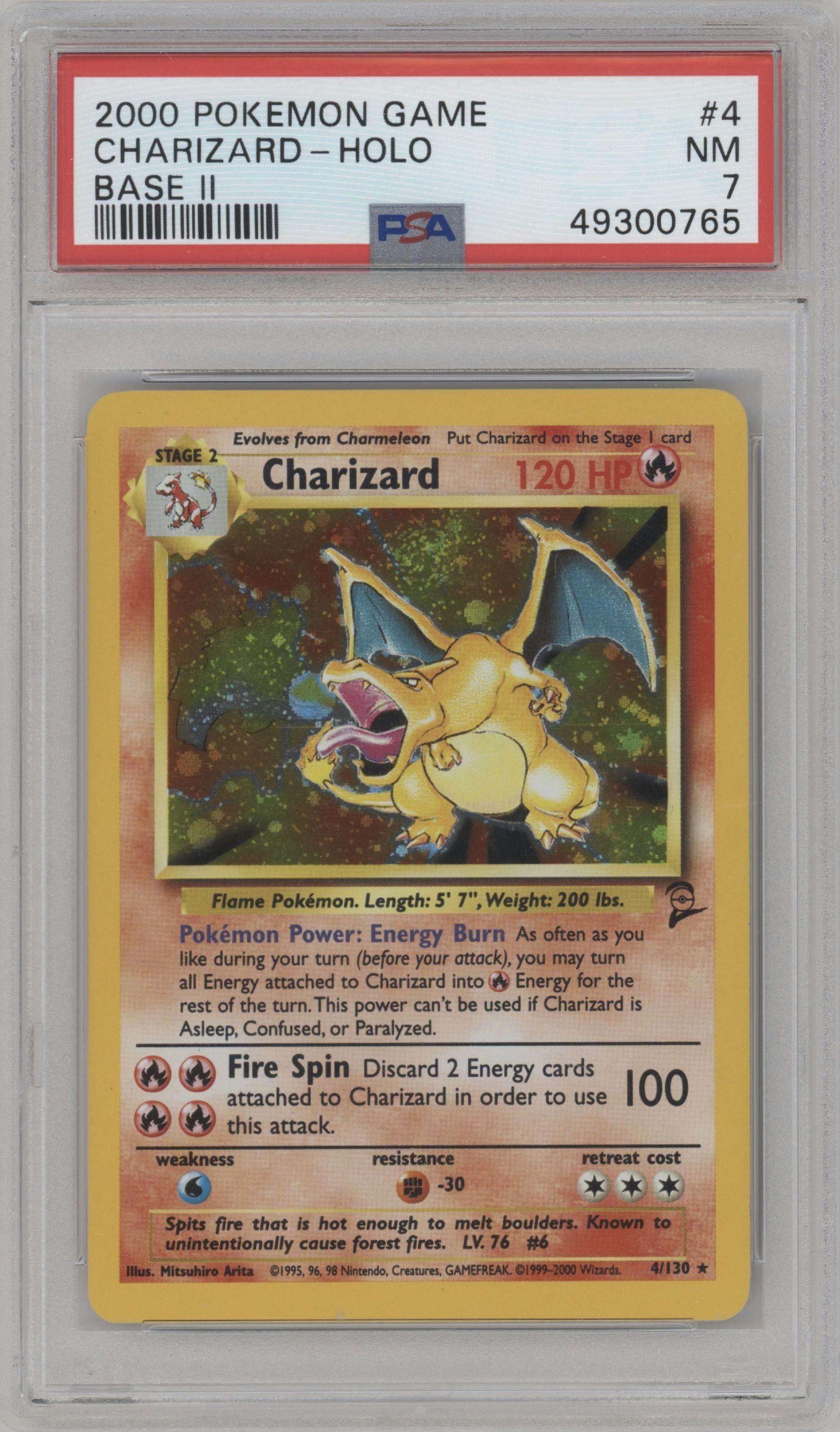 Charizard from the 2000 Pokemon set graded by PSA and given an overall grade of 7.