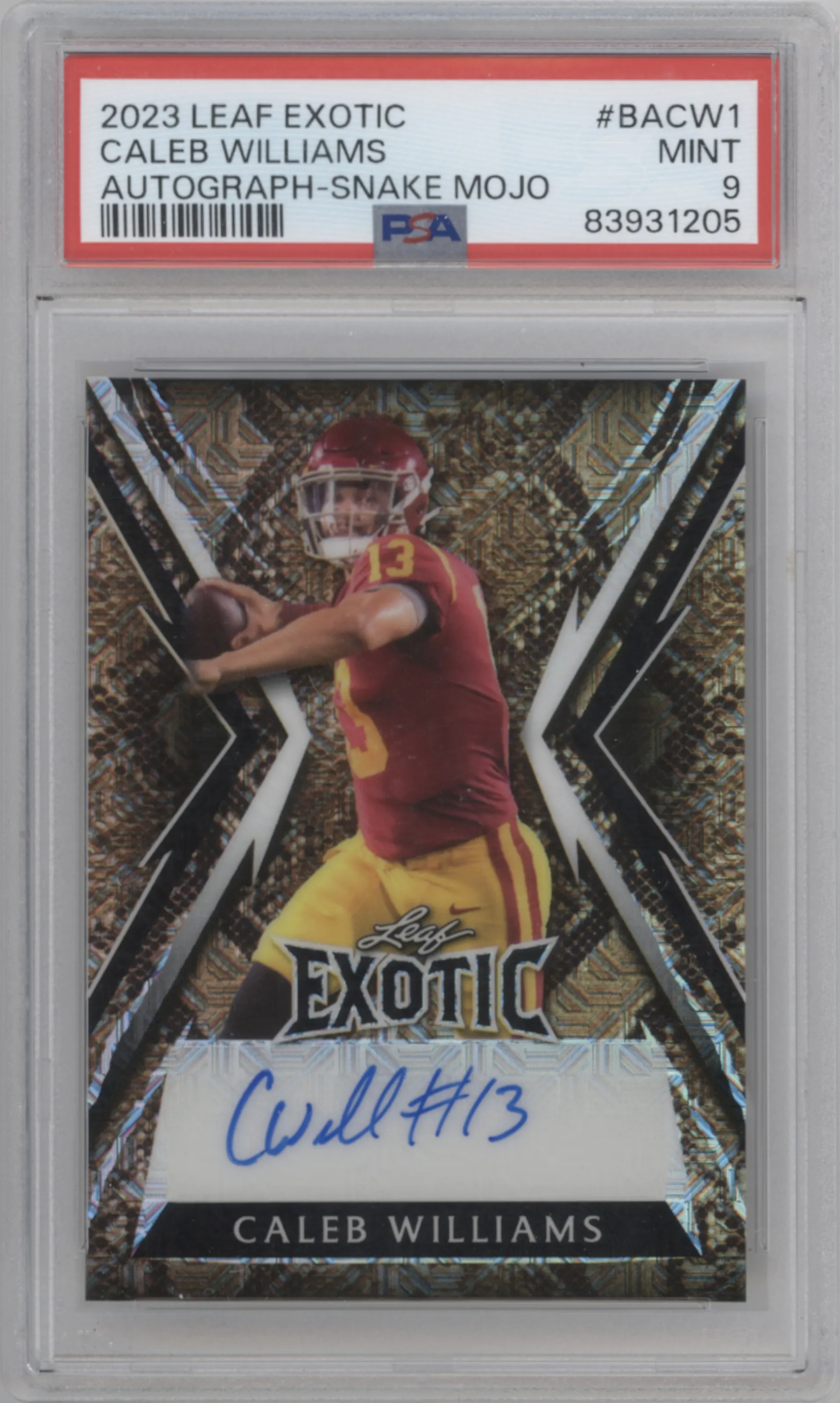 Caleb Williams from the 2023 Leaf Exotic set featuring a Snake Mojo parallel graded by PSA and given an overall grade of 9.