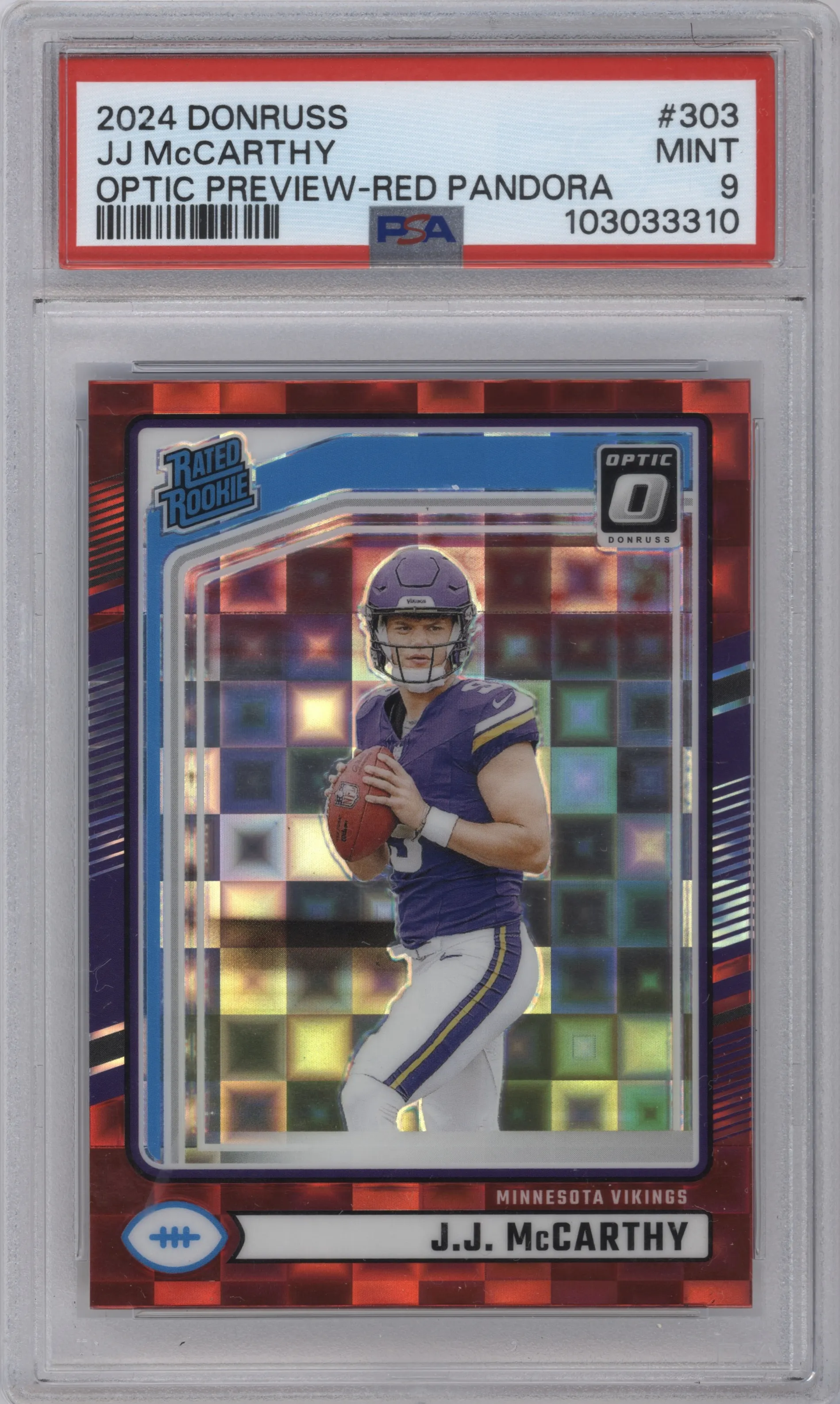 J.J. McCarthy from the 2024 Donruss set featuring a Red Pandora parallel graded by PSA and given an overall grade of 9.