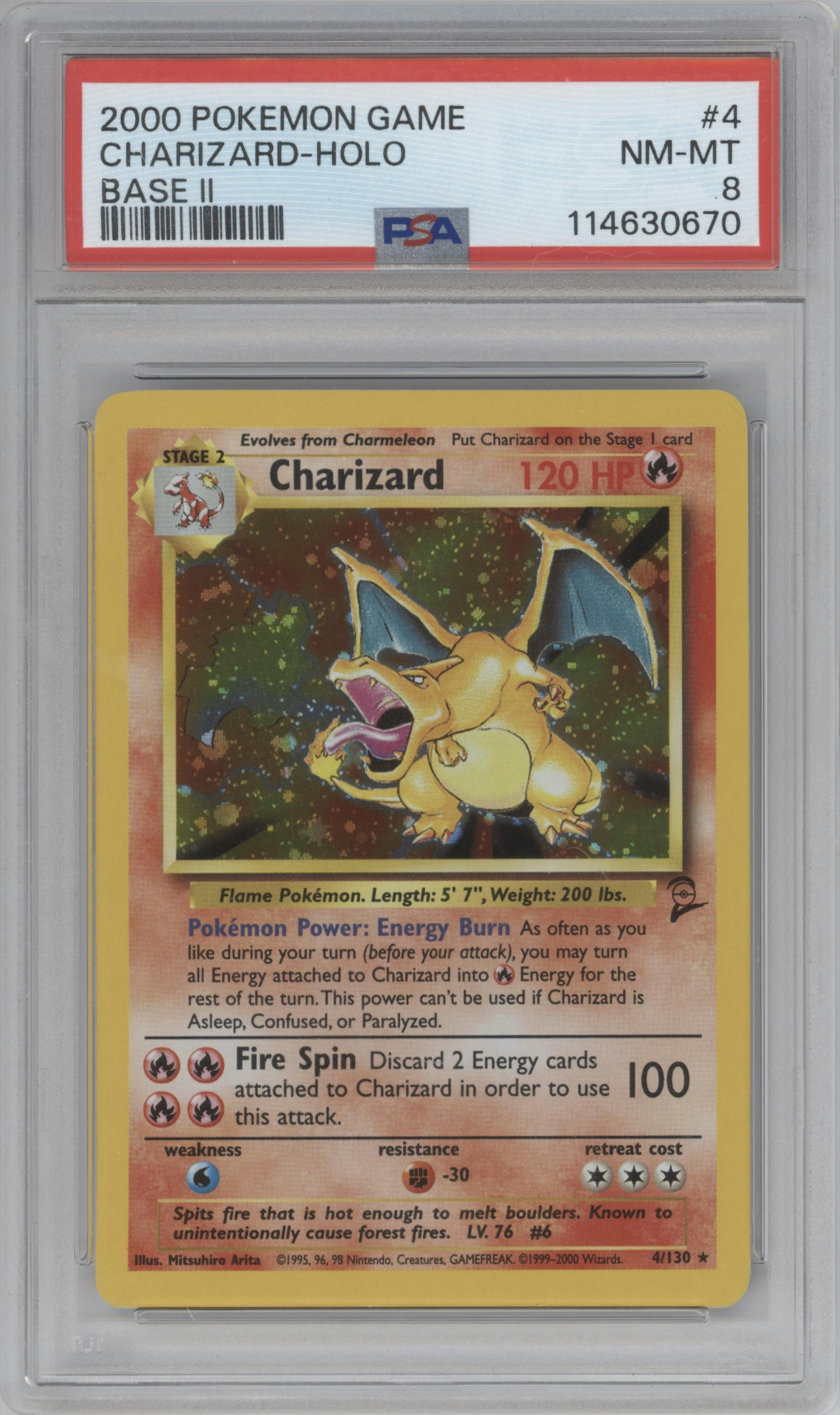 Charizard from the 2000 Pokemon set graded by PSA and given an overall grade of 8.